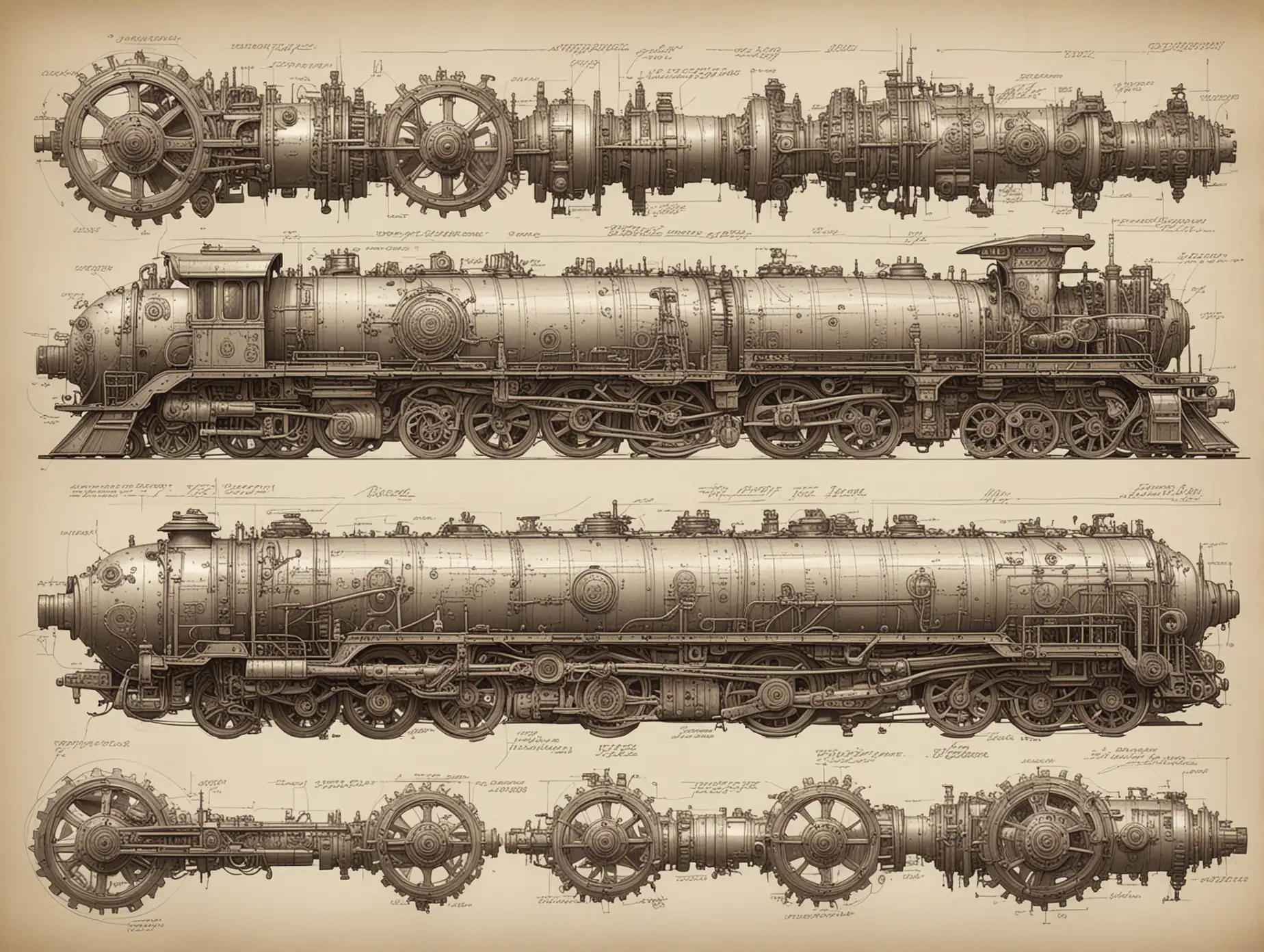 Full page of concept designs of clockpunk train mechanical, pipes, cogwheels, blueprint, ink on paper, steampunk, highly detailed labels, labelled, intricate details, Peter mohrbacher --ar 2:3