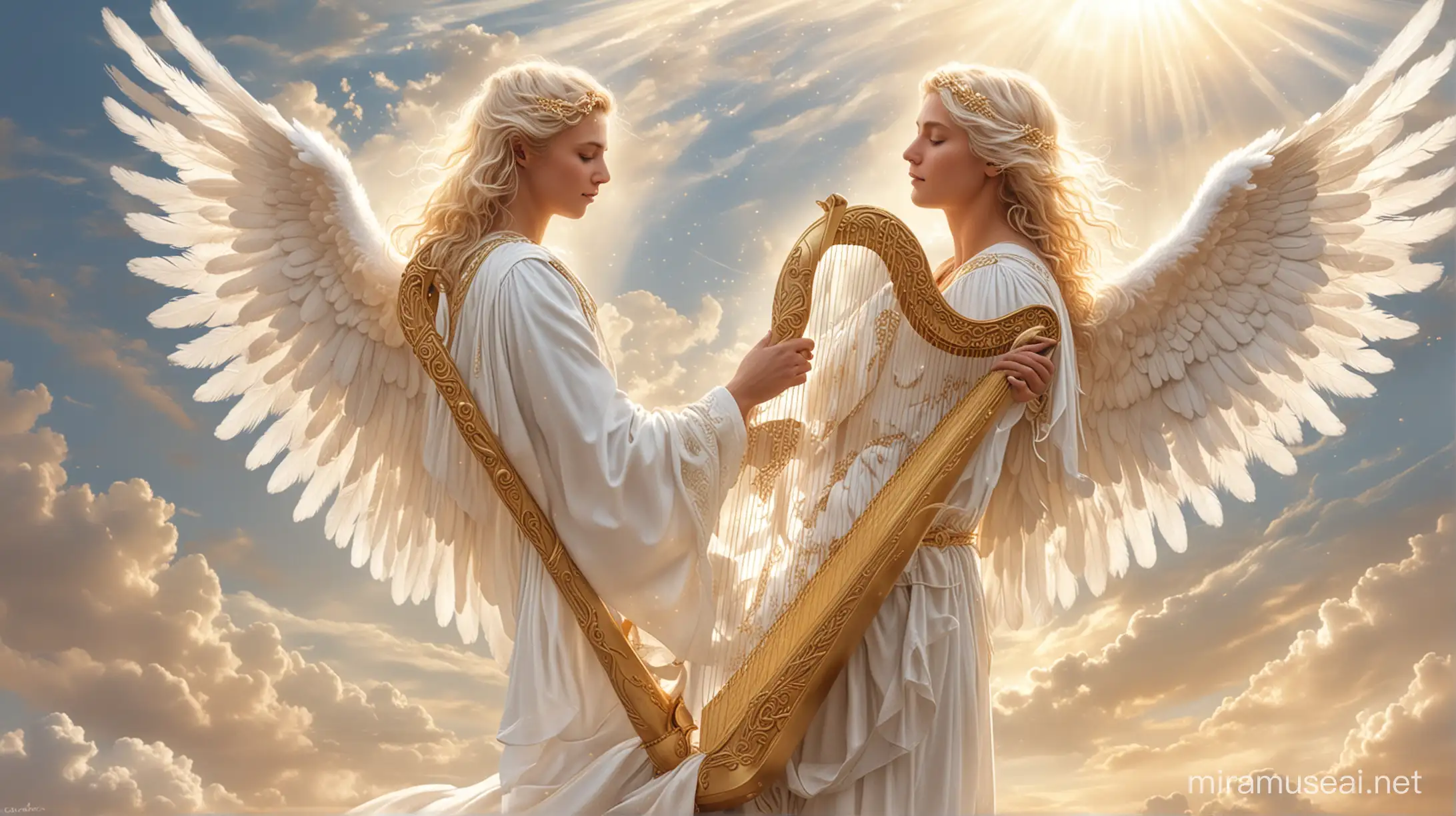Serene Male Angel Playing Golden Harp Under Radiant Sky