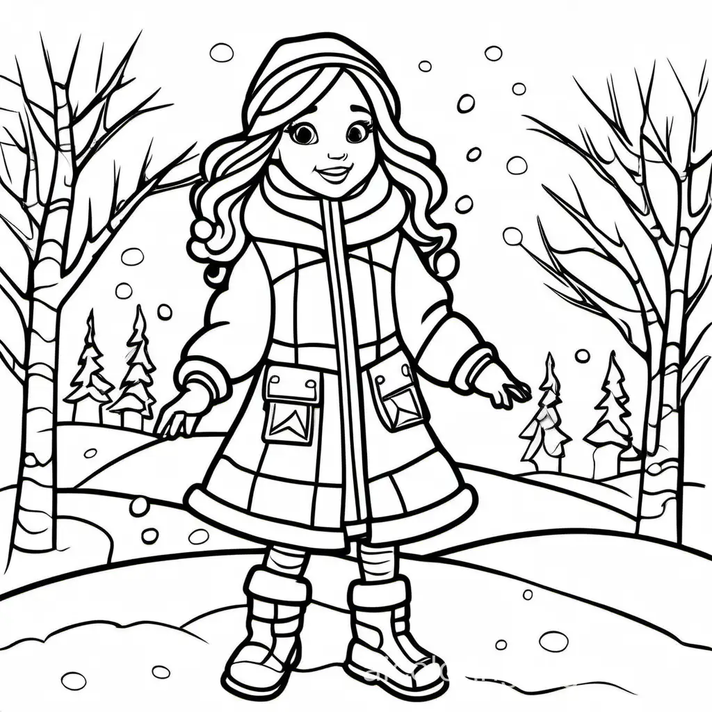 a princess wearing a winter jacket playing in the snow, Coloring Page, black and white, line art, white background, Simplicity, Ample White Space. The background of the coloring page is plain white to make it easy for young children to color within the lines. The outlines of all the subjects are easy to distinguish, making it simple for kids to color without too much difficulty