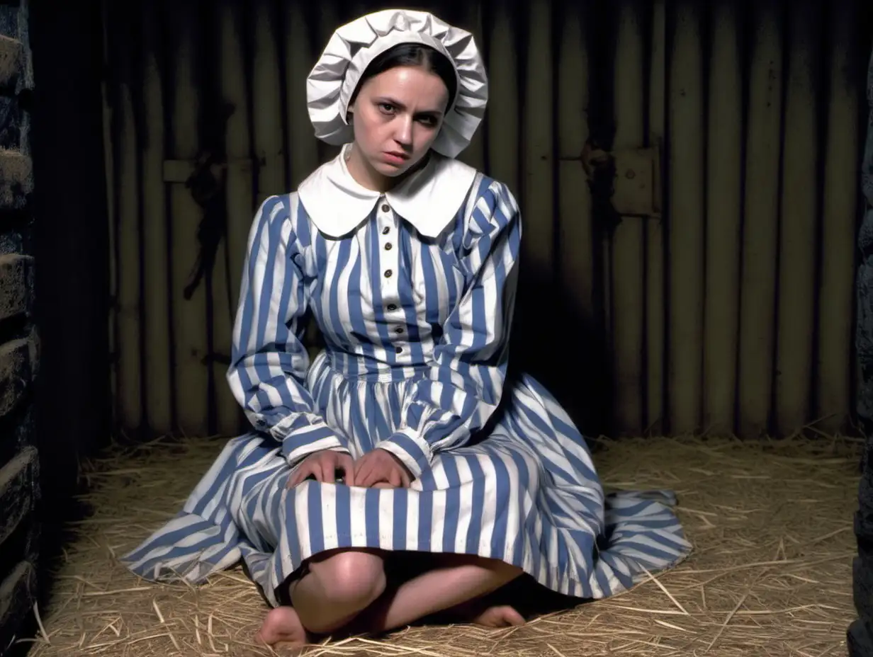 A busty prisoner woman (25 years old, same dress, barefoot) sit on hay on the ground in a dark dungeonroom in dirty blue-white vertical wide-striped longsleeve buttoned prisondress (white puritan collar, small short bonnet ) head-to-knee view, head down 