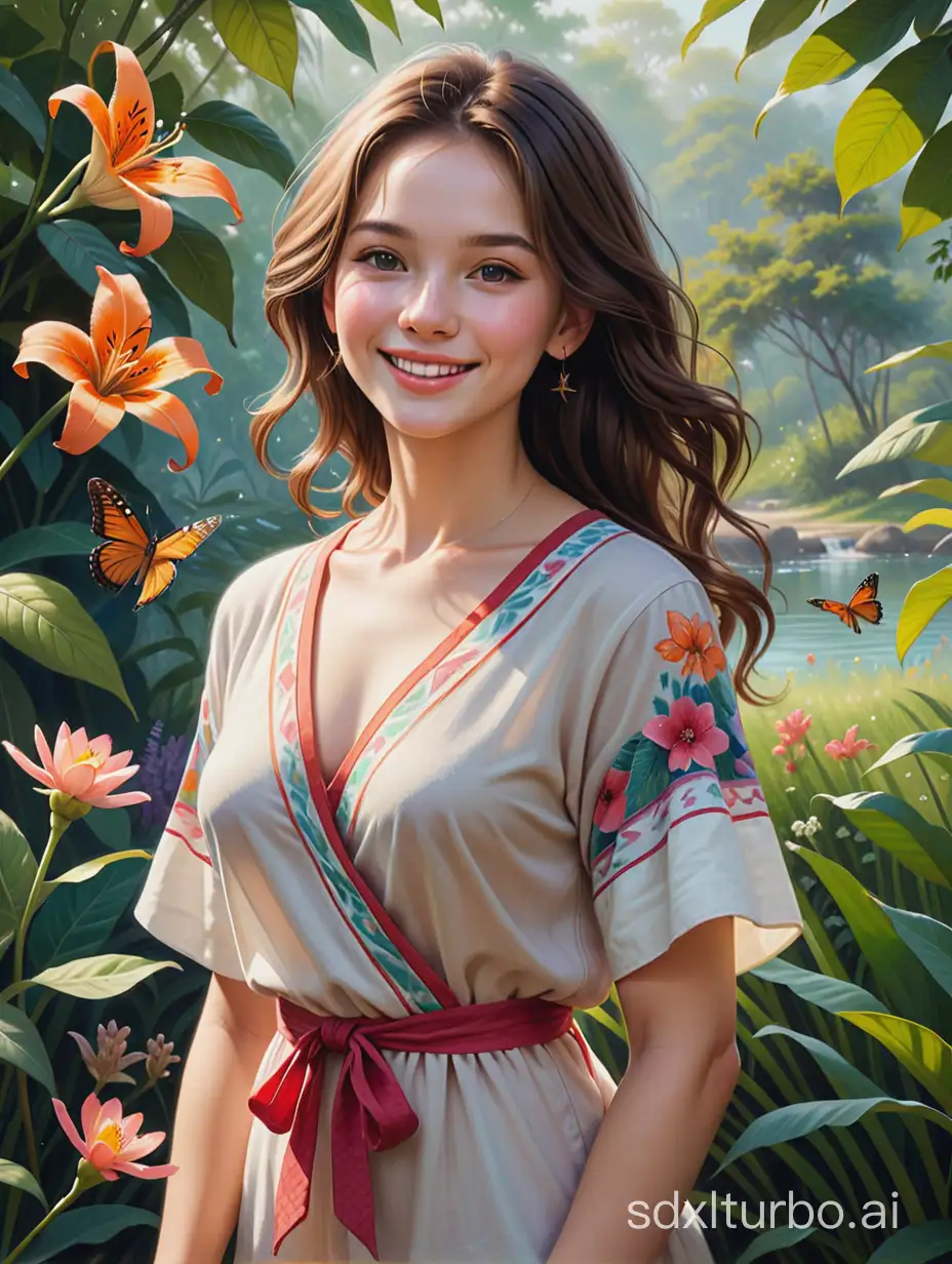 Create a very detailed and lifelike painting of a woman in a natural setting. She has a joyful expression, and the painter has given great attention to the textures and patterns in her clothing, the lighting on her skin, and the delicate details of the surrounding flora and fauna. The artwork should convey a sense of carefree happiness.