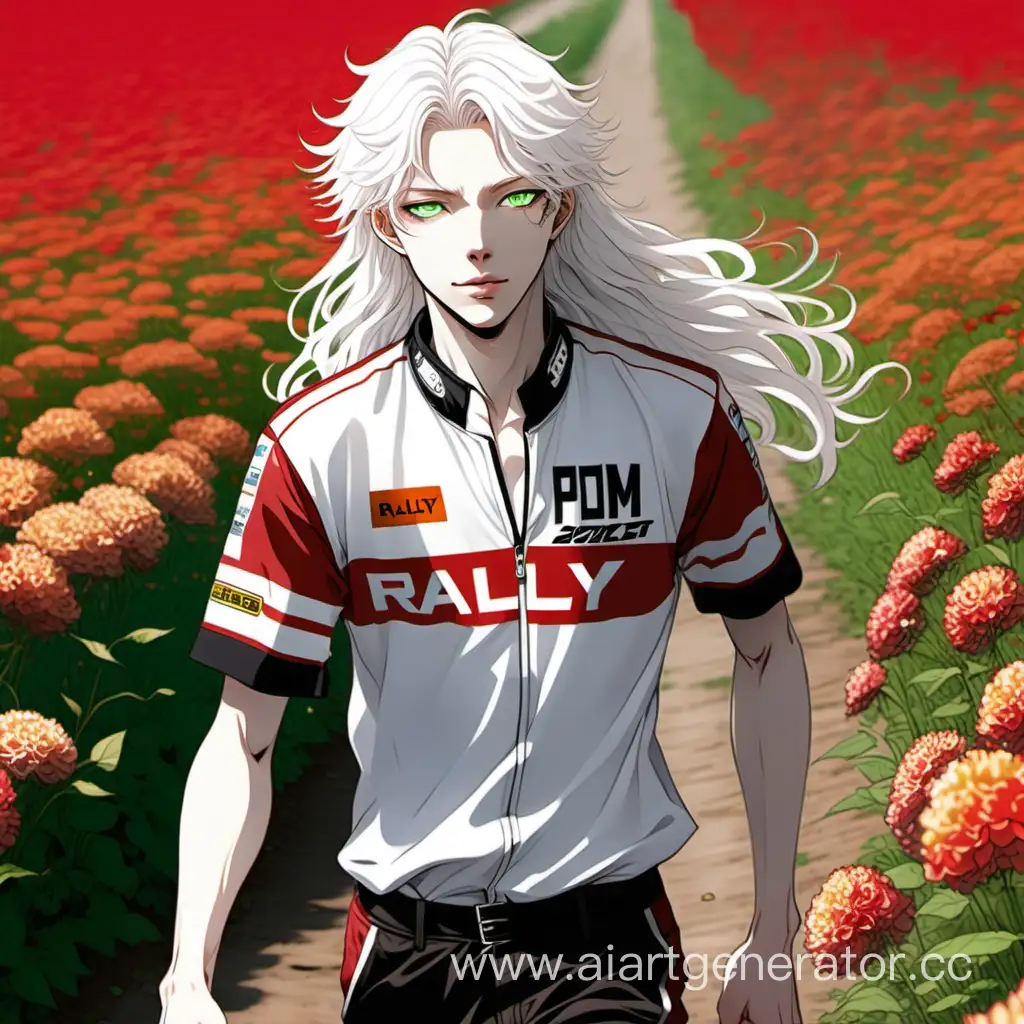 an albino white wavy long hair, white skin, green-eyed, cat-like, red-lipped, thin, stylish, slightly red-cheeked, sweet, twenty years old anime boy is walking in a field of flowers. he is wearing a rally racing jersey. he is very beautiful