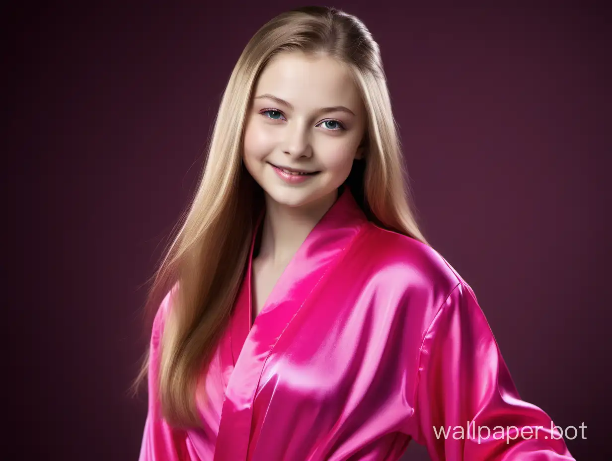 Gentle, Sunny, Young Julia Lipnitskaya with long straight silky hair in luxurious pink fuchsia silk robe and smiling