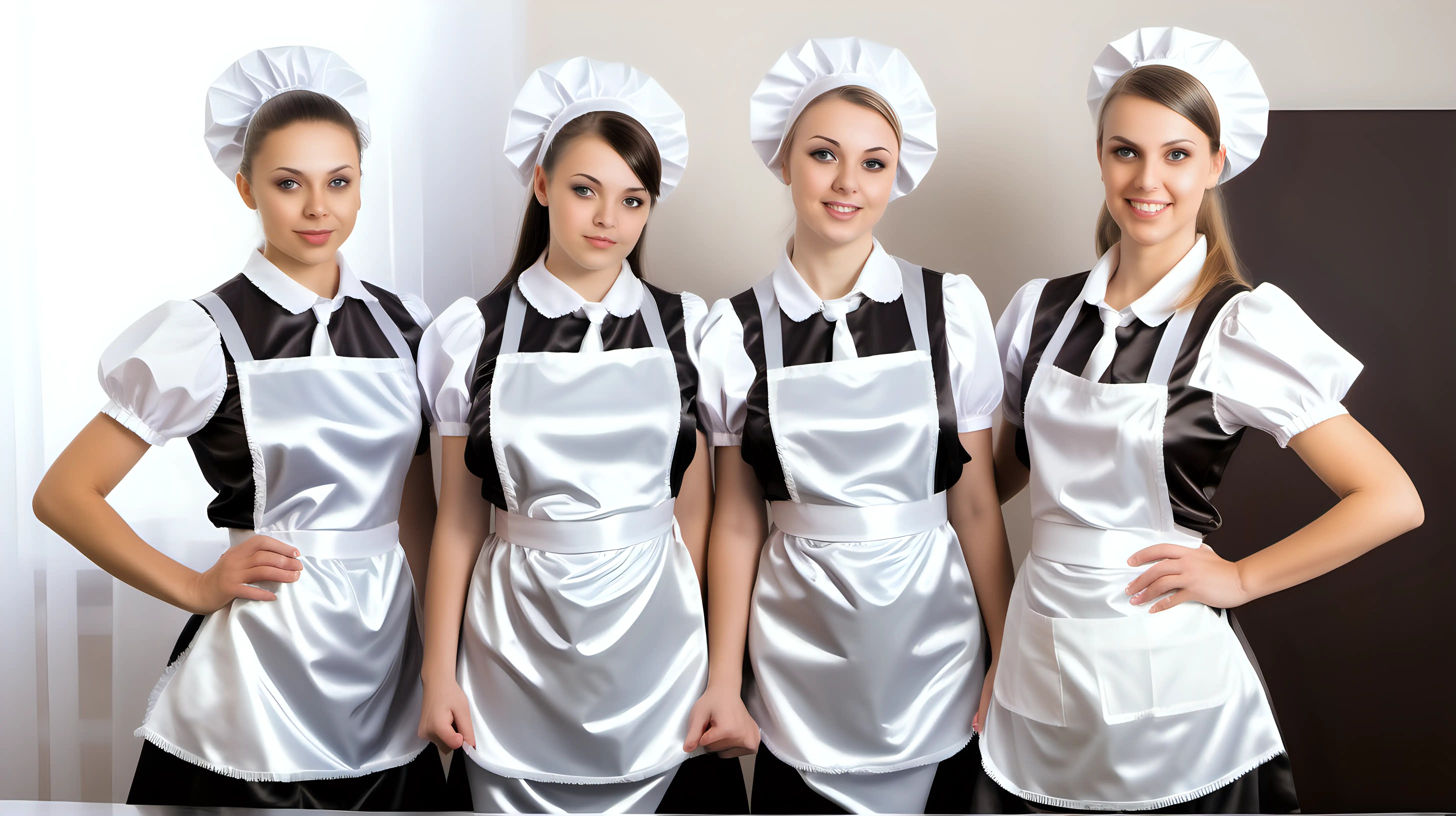 Mothers and Teen Daughters in Satin Maid Uniforms Engaged in Cleaning Work