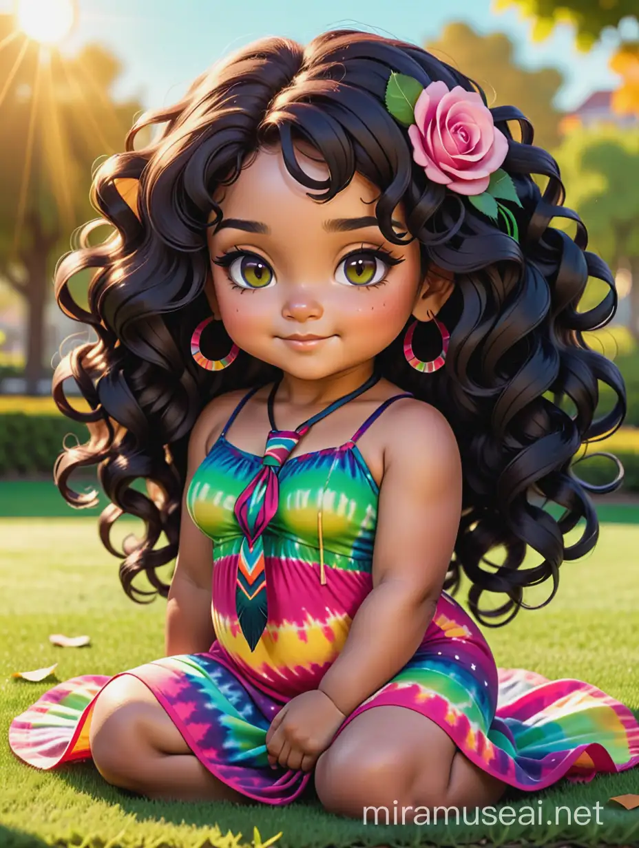 Chibi Native American Woman Relaxing in TieDye Dress Amidst Roses