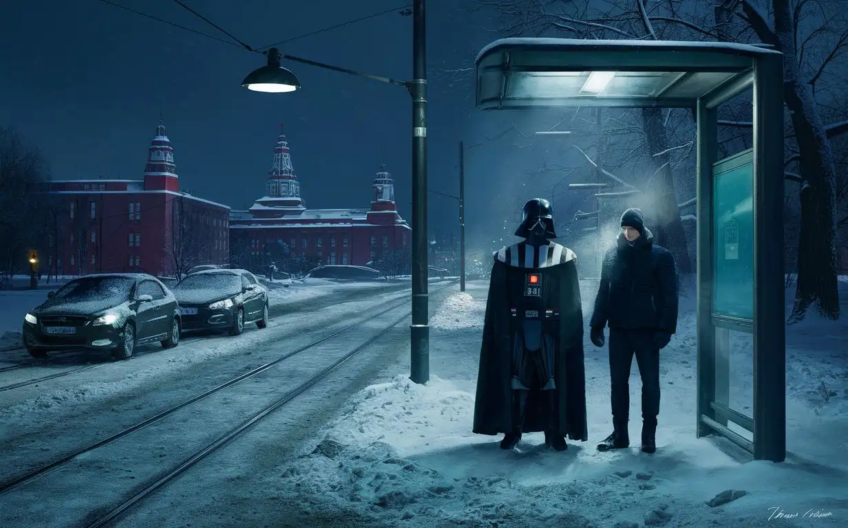 Санкт-Петербург, трамвайная остановка, зимний вечер, вдали красные корпуса университета, у тротуара стоят машины, под фонарем стоят Дарт Вейдер и мужчина в темном пуховике.
