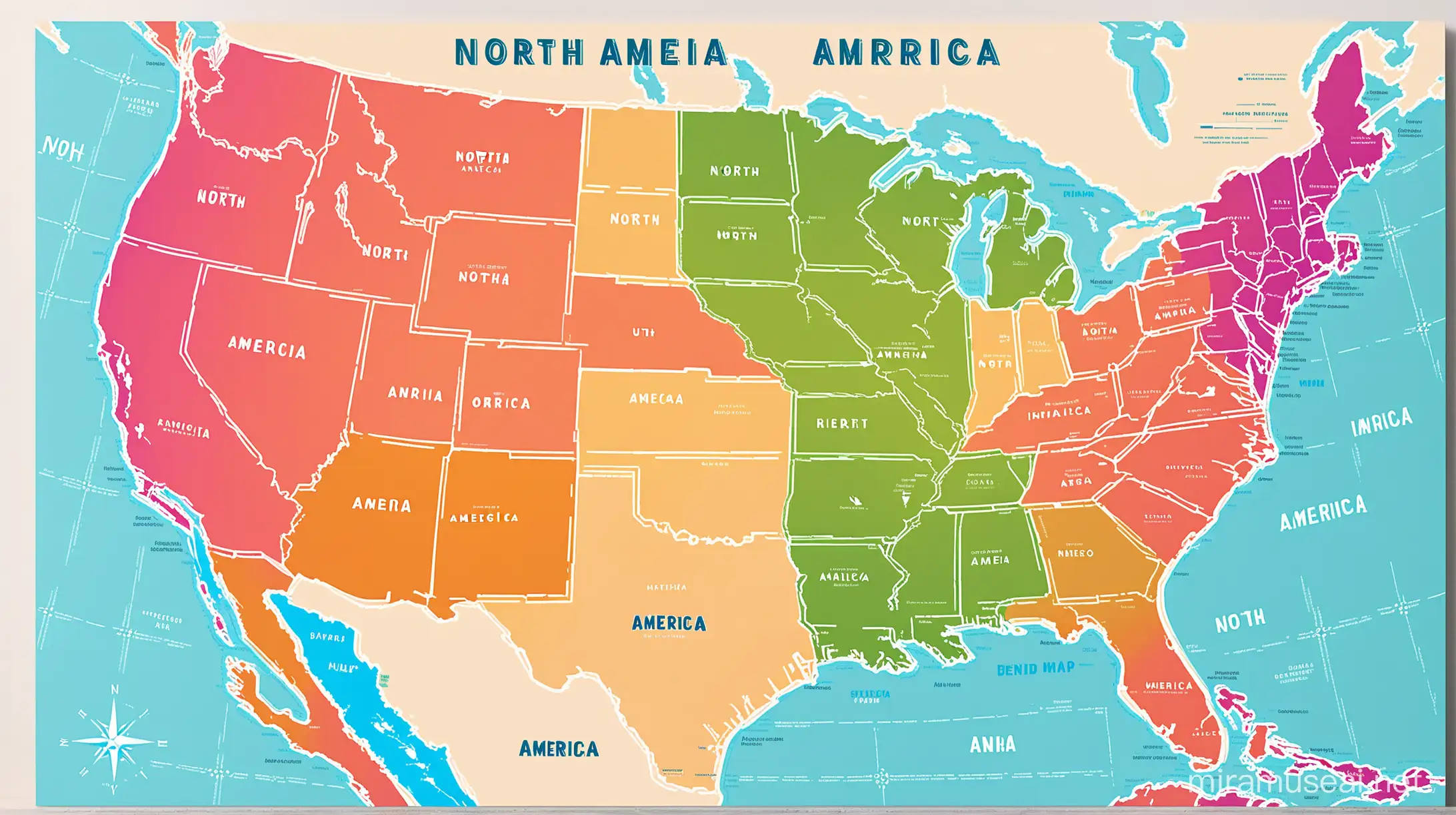 Vibrant North America Map Illustration of Continents Diverse Geography and Landscapes
