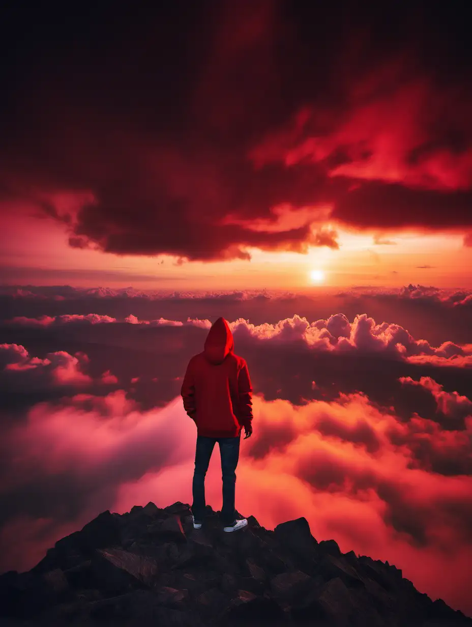 Man Wearing Red Hoodie Jacket, Standing on a Mountain, Looking at the Sunset, Red Clouds, Very beautiful