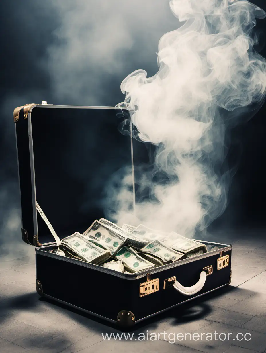 открытый чемодан с деньгами, из которого выход дым, и вокруг него дым