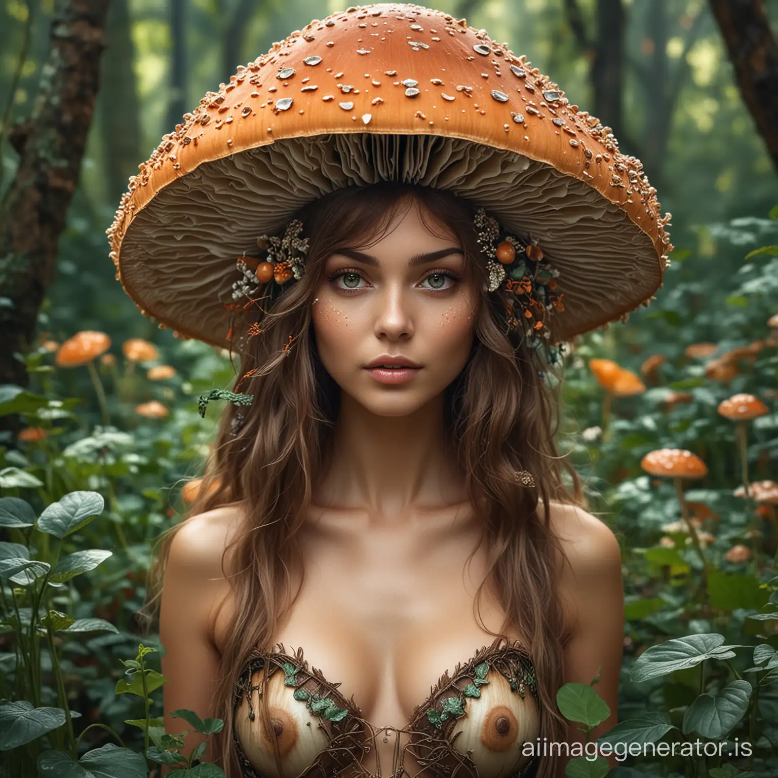 a beautiful portrait of a magical women who looks like she is a mushroom nymph and controls plants, she looks goddess like