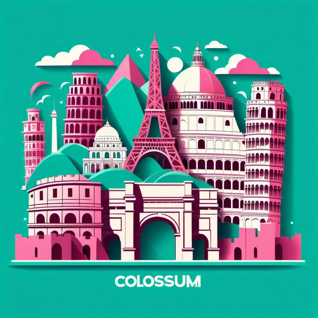 Famous Landmarks Flat Design Illustration in Turquoise Green and Pink