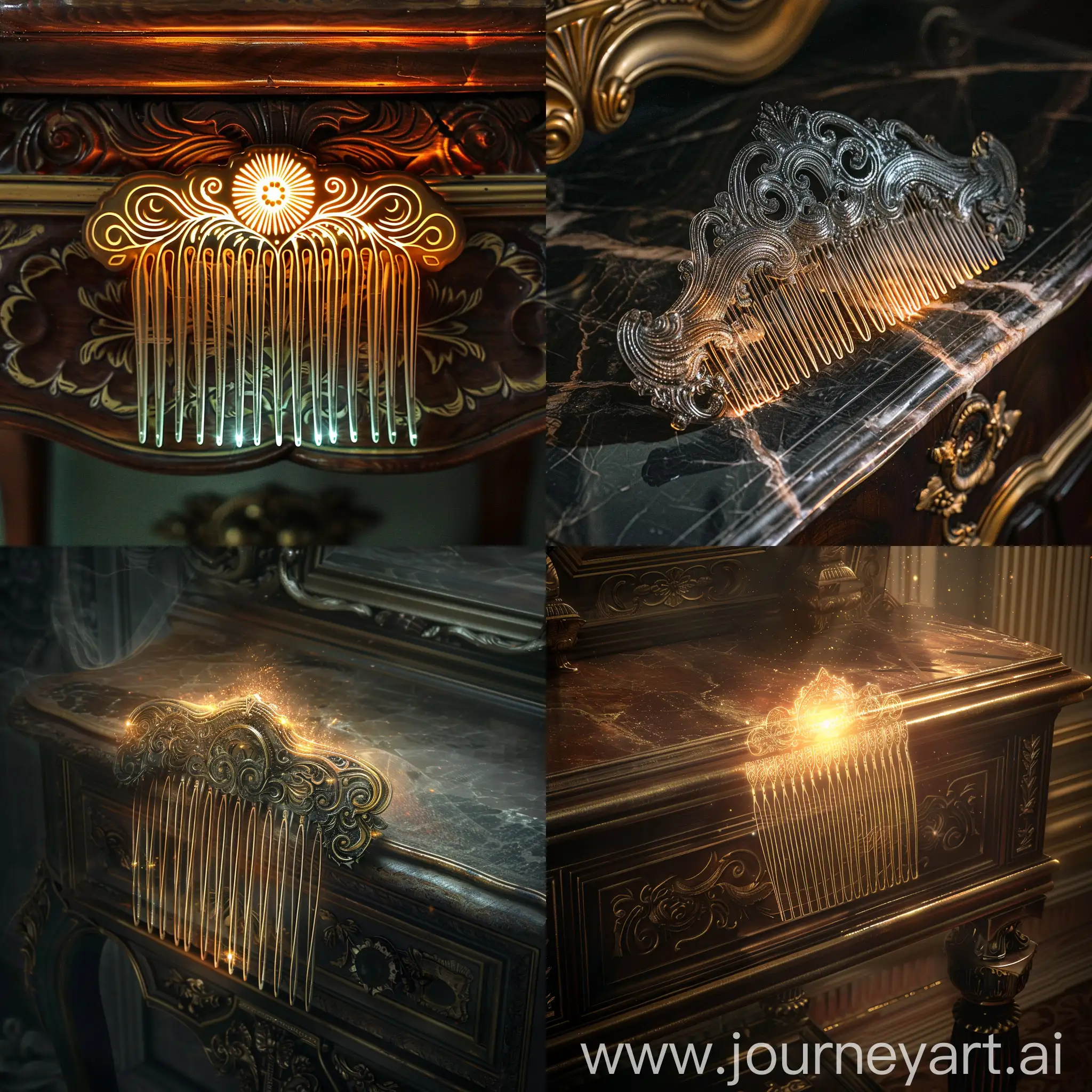 A hauntingly beautiful hair comb, glowing with an otherworldly light, rests upon an ancient vanity, its intricate design hinting at a dark and mysterious past.