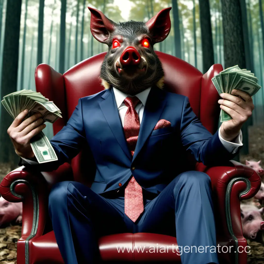 Человек с головой кобана У него в руках стопки денег он в костюме Gucci сидит на кресле а на заднем фоне лес и много кабанов с красными глазами 