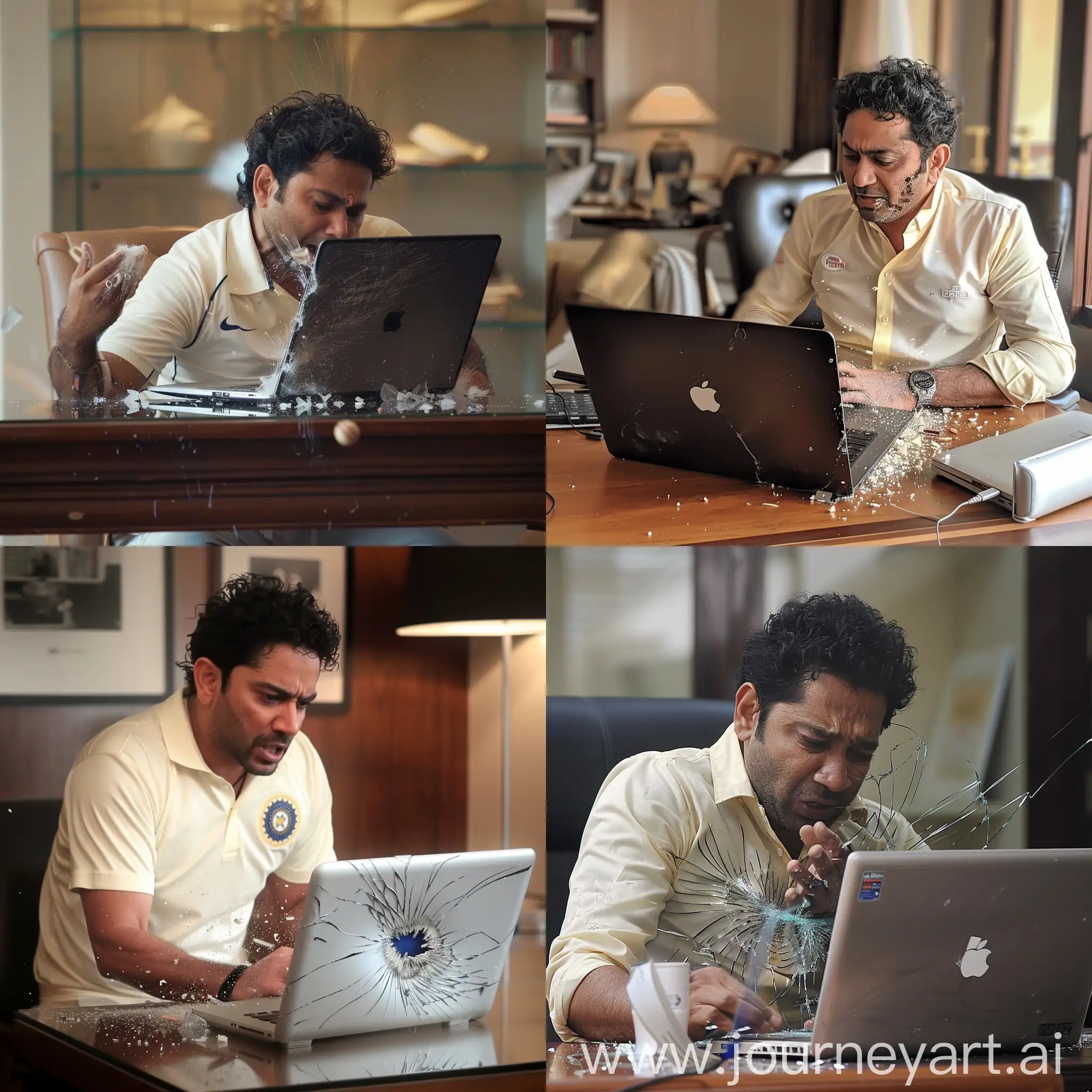 Sachin Tendulkar Breaking Laptop On Desk