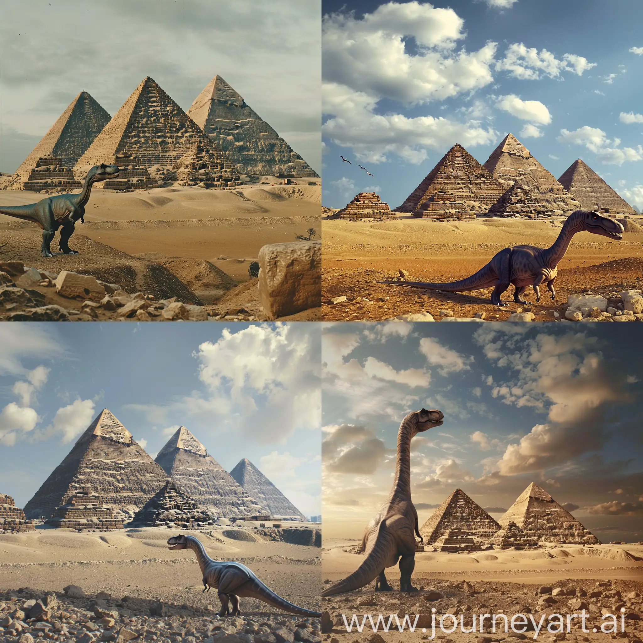 Dinosaur-Standing-Beside-Three-Pyramids-in-Vast-Desert-Landscape