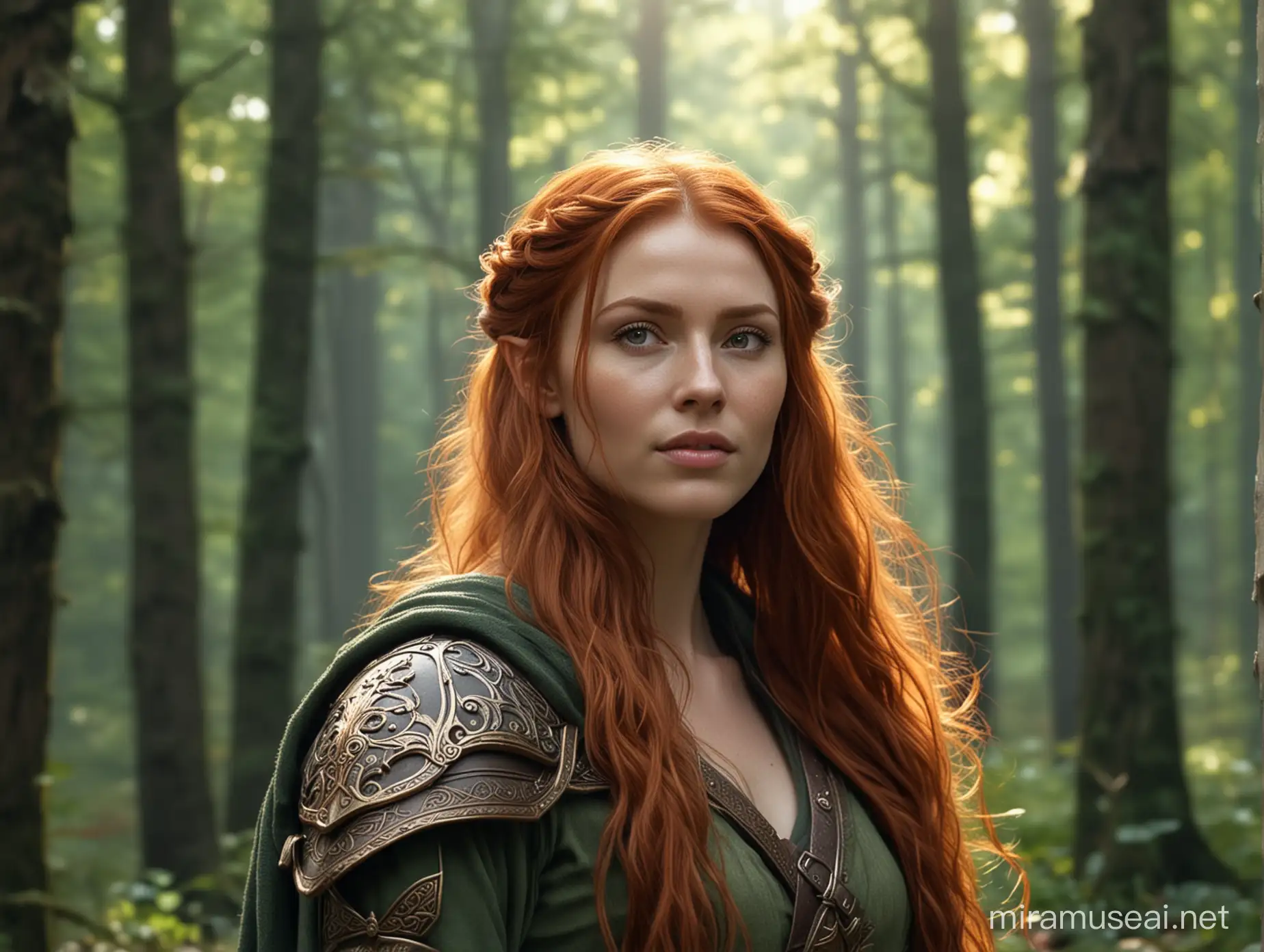 Create a beautiful and ultra-realistic image of a beautiful redhead with long and beautiful hair, dressed as a warrior, representing an elf woman. Her gaze is penetrating and enigmatic. She's in a forest. Show off the richness of detail in 8k. She has the robes like a warrior, from head to toe. She smiles, mockingly, with her head held high, bravely.
