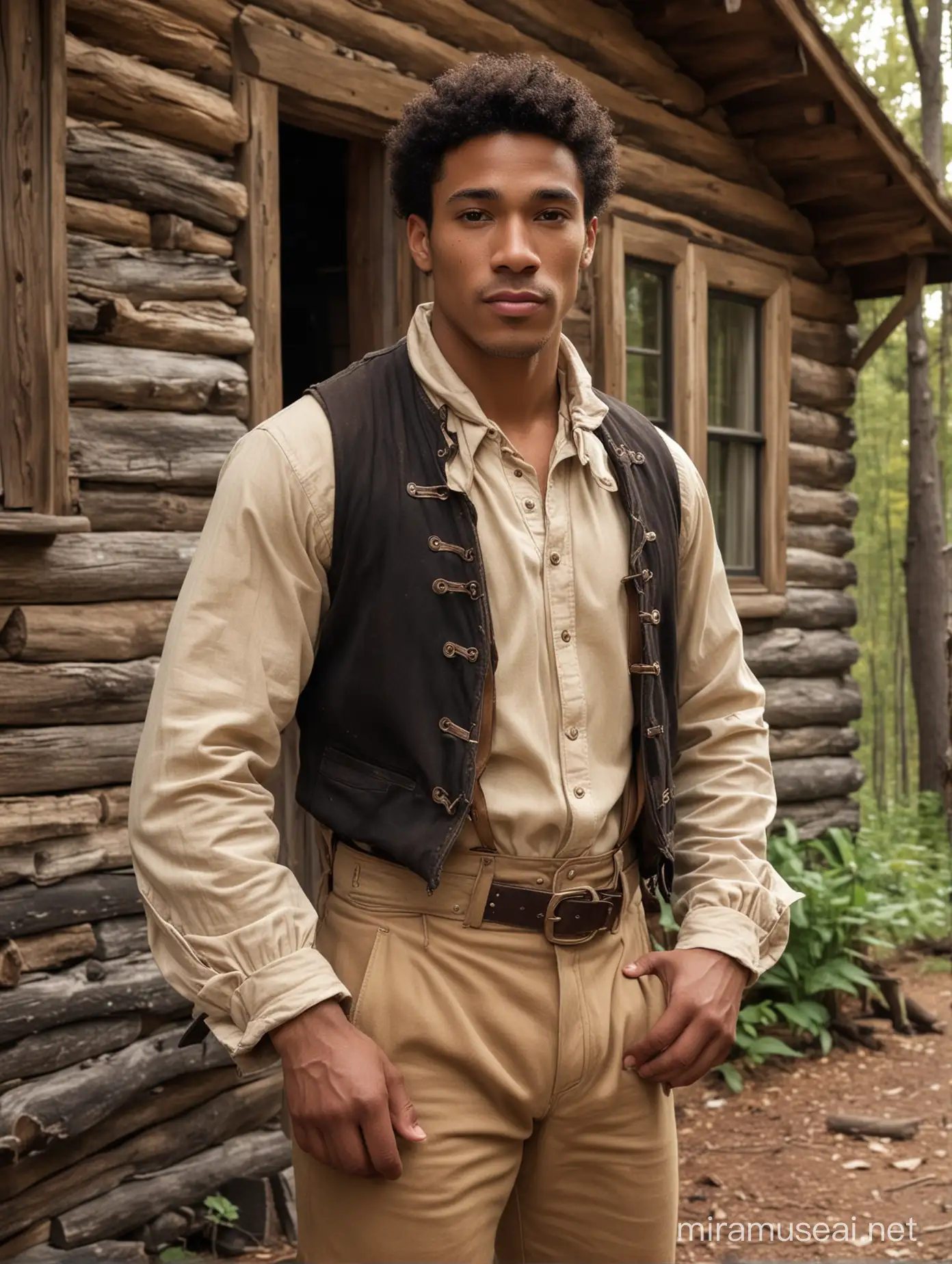 the  very handsome 1800s carribean mixed race lightskin man wears trapper clothes in a Canadian forest in front of a cabin,in the style of light brown and dark black, Canadian 1700s influences, fashwave, candid celebrity shots, uhd image, body extensions, natural beauty --ar 69:128 --s 750 --v 5. 2