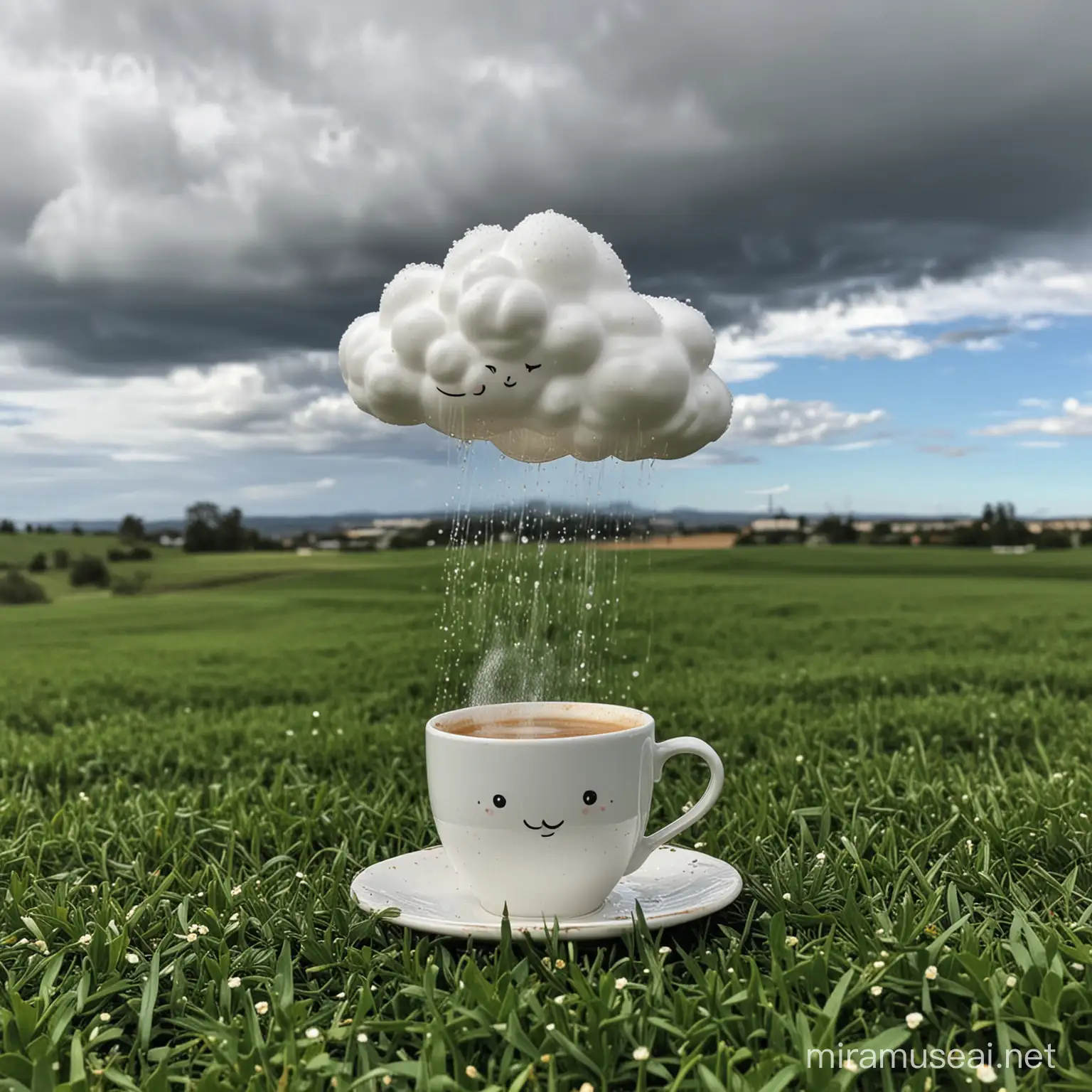 Cloud Pouring Coffee into Coronado Cup Amidst Lush Field