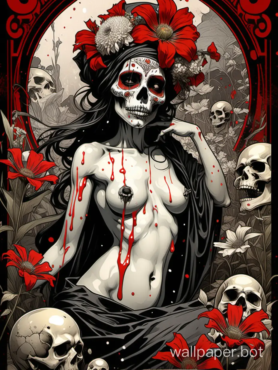 magnifique odalisque, skull face ,   lascive, assimetrical, masterpiece, alphonse mucha poster, explosive wild flowers dripping paint, comic book, high textured paper, hiperdetailed lineart , black water , red, black, gray, white sticker art