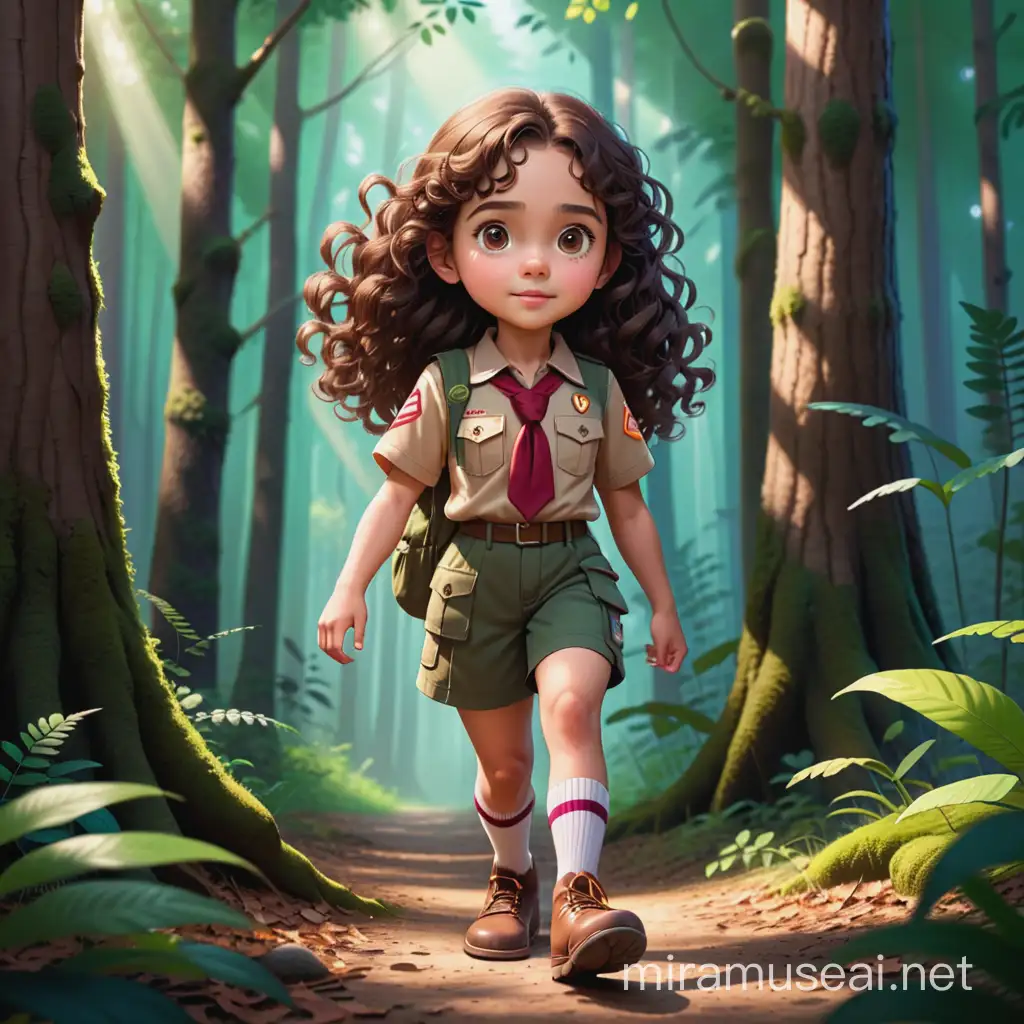 a female kid have 11 years old , have a  long curly brown  hair , big dark brown eyes, round face
 , light skin , scout uniform, show the full body of her. cartoon type .Treating a child's foot in forest . show the child's foot only 
