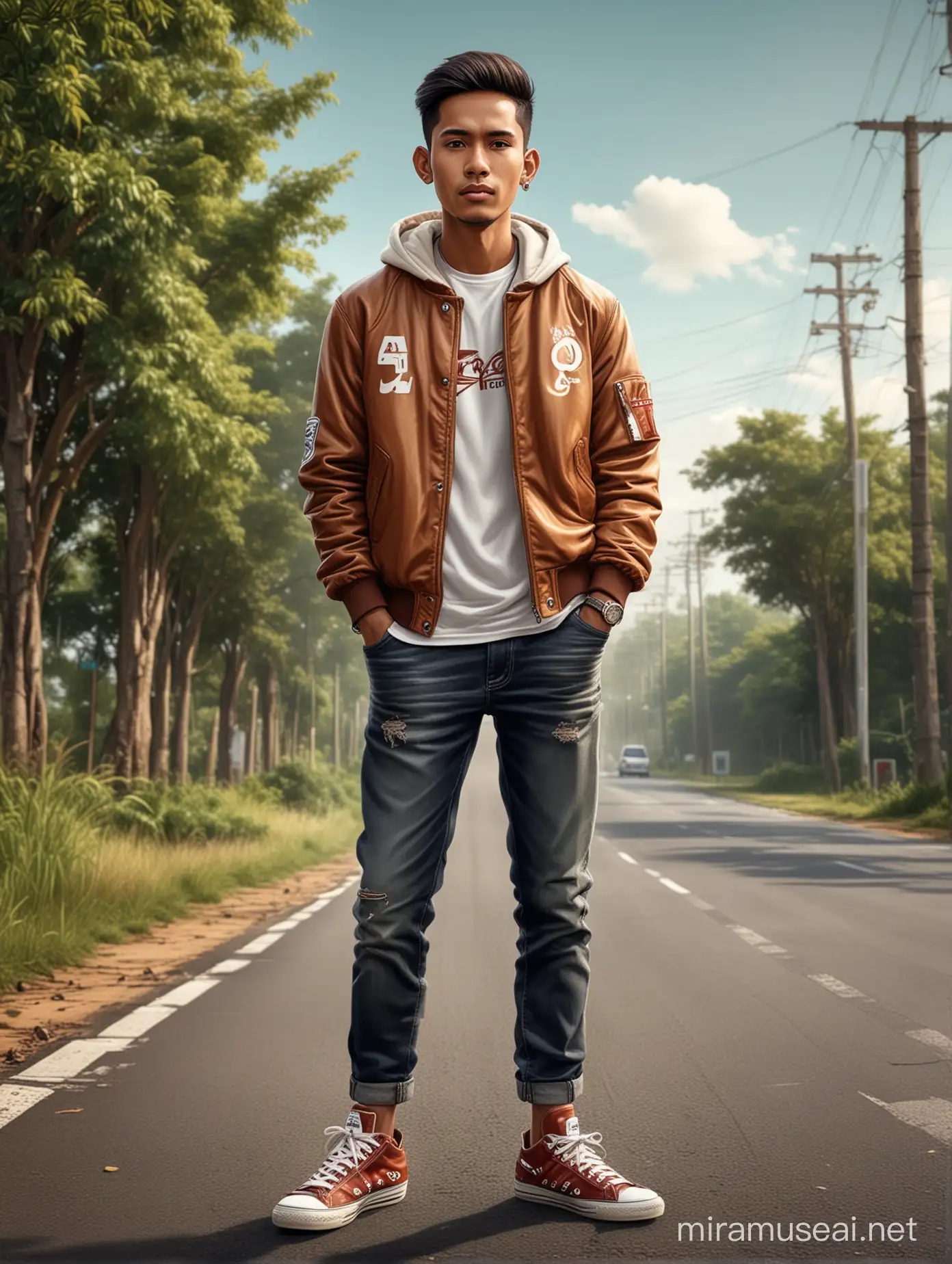 Creators ultra Realistic caricature of Indonesian handsome youth wearing a varsity jacket that says " Marrons ", sneakers, standing in great pose on a busy rural road, Dramatic effects, ultra detailed caricatures,ultra realistic photos.