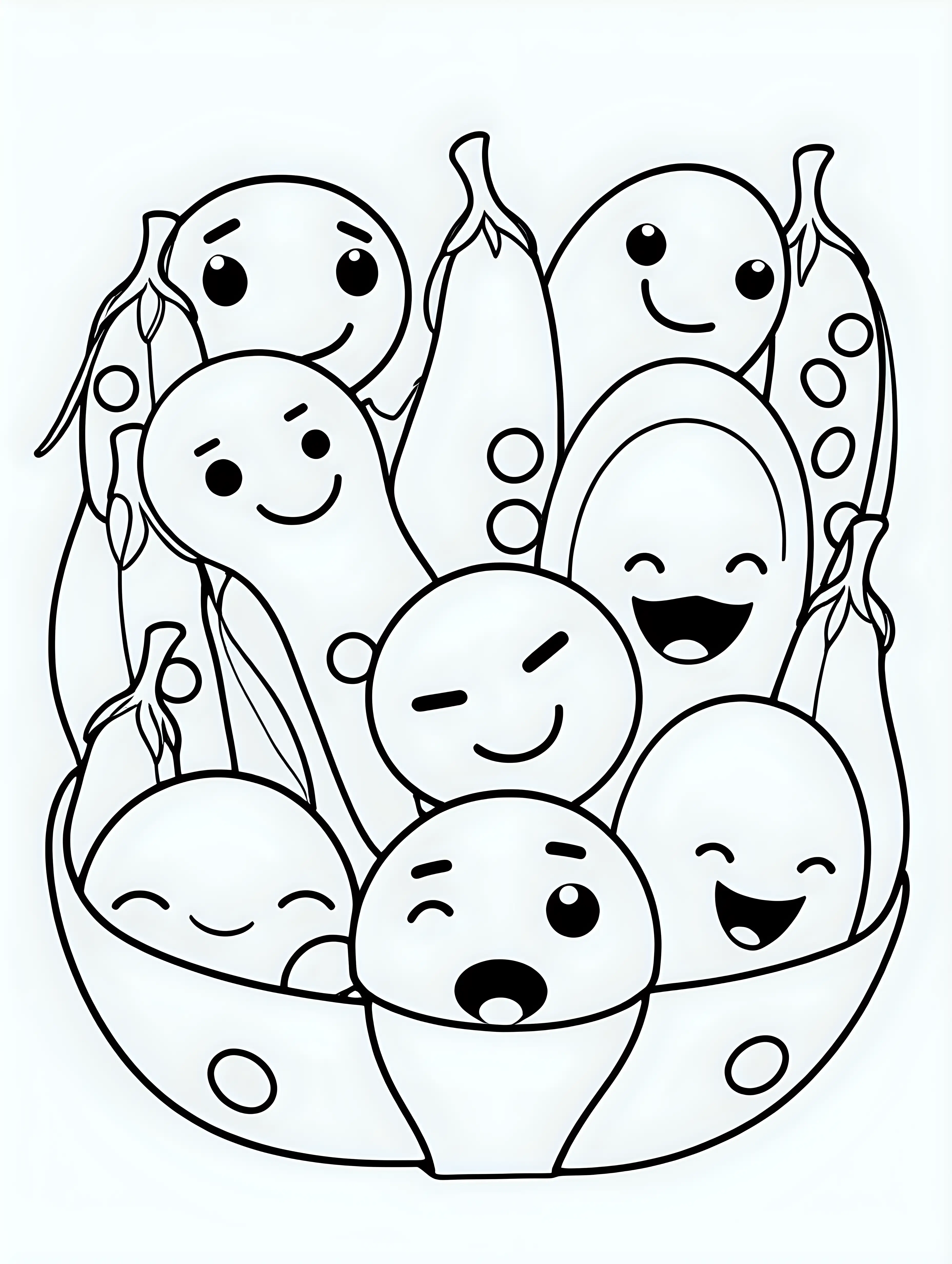 coloring book, cartoon drawing, clean black and white, single line, white background, cute peas and pea pods, emojis