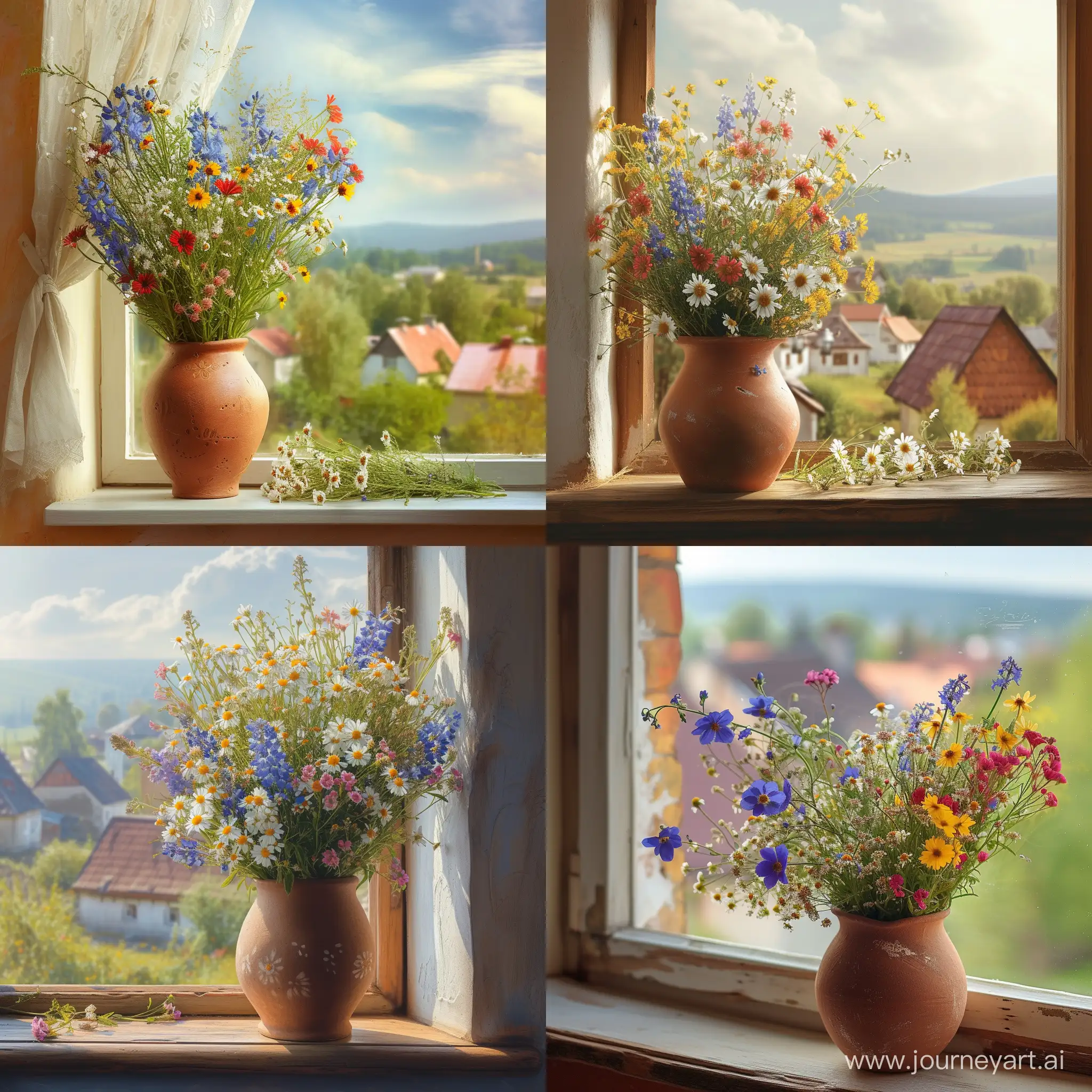 Красивые полевые цветы в глиняной вазе на подоконнике, из окна красивый вид на деревню