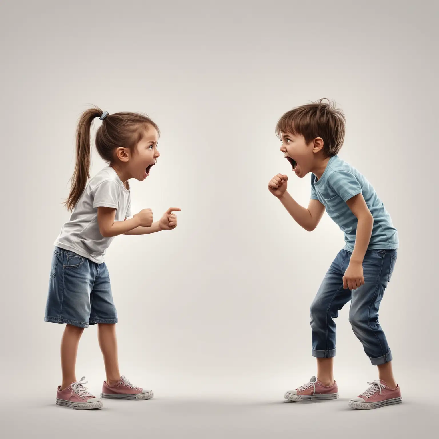 Children Arguing on White Background Realistic Sibling Conflict Scene