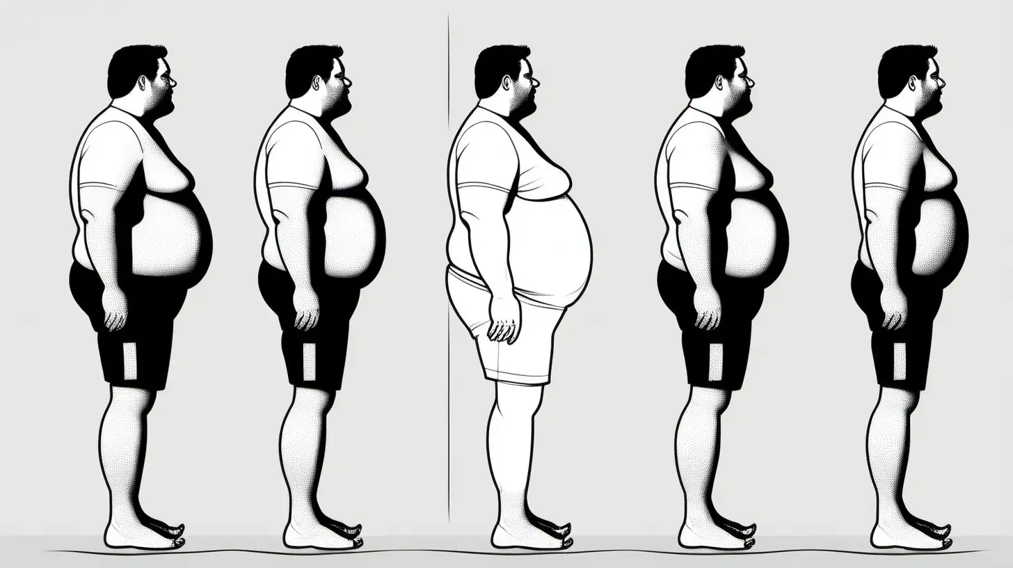 simple black and white illustration of weight loss journey on his belly fat side view