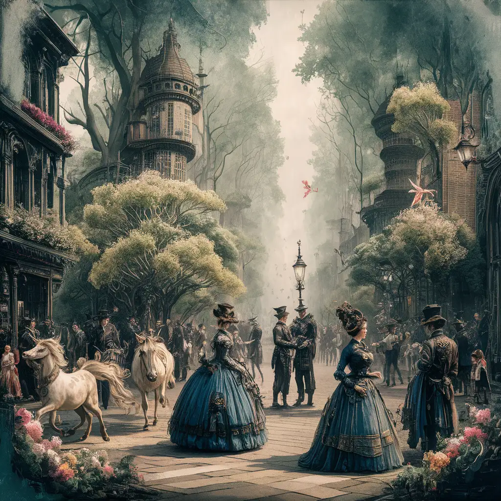 Victorian Era Steampunk Fantasy Enchanted Gathering in a Square