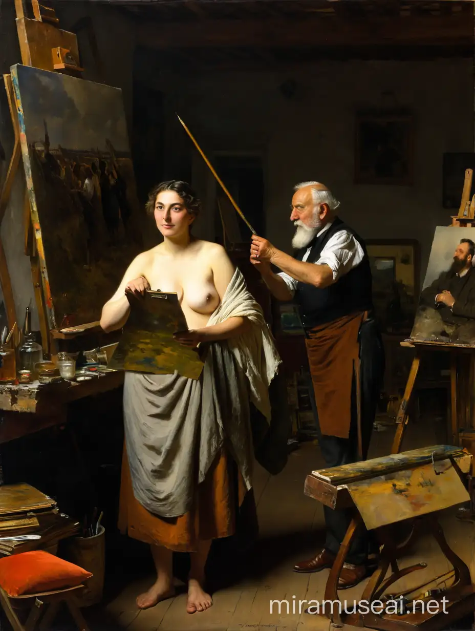  Адольф Менцель, Эрнест Мейсонье - старый художник и молодая обнаженная женщина и старый художник в своей мастерской