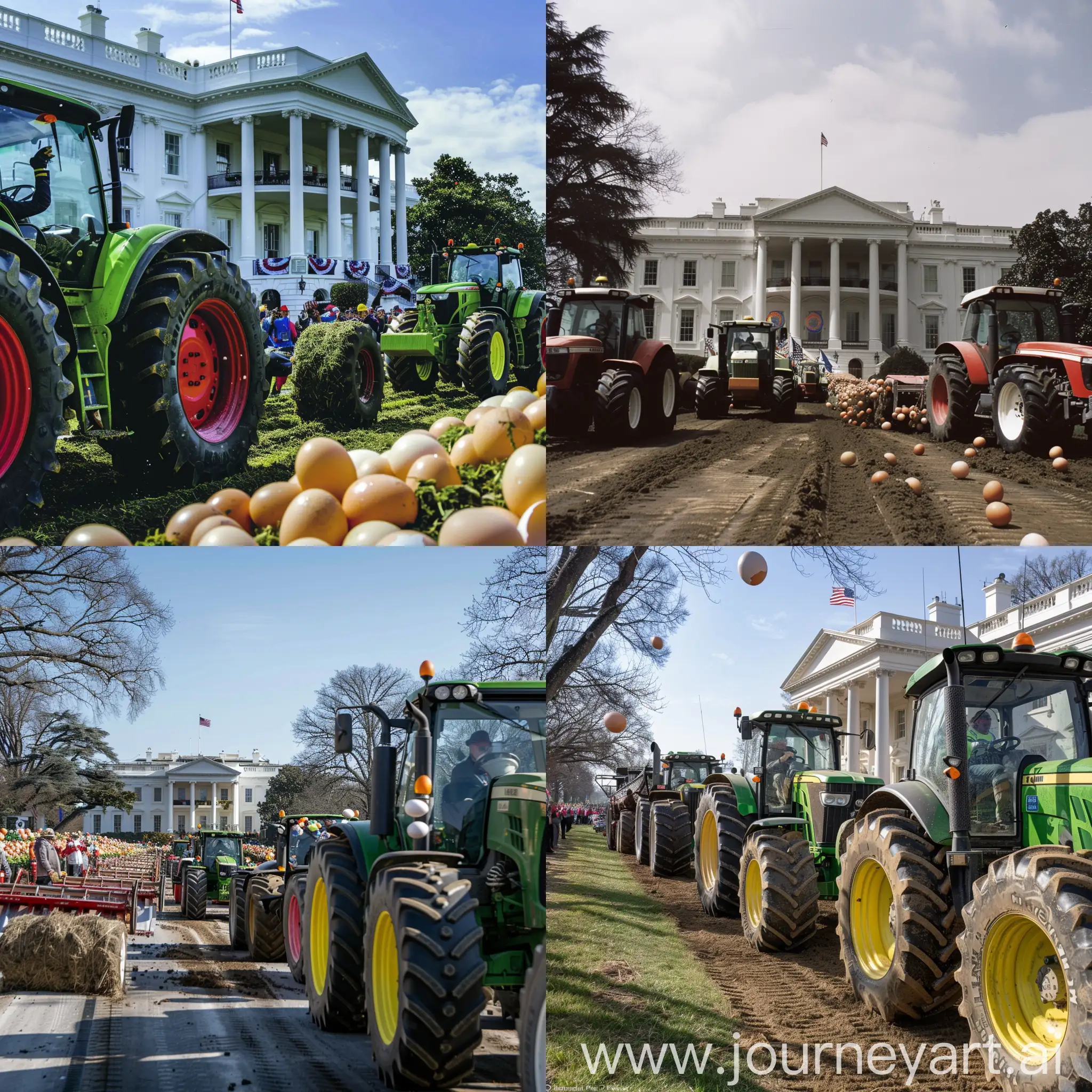 美国农民开着拖拉机围堵白宫，往里面扔鸡蛋。
