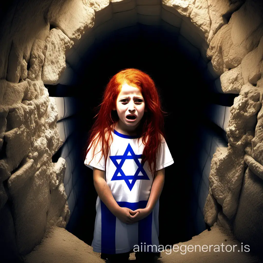 Red hair Israeli Jewish child girl crying held hostage inside tunnel covered with Israeli flag real face Star of David