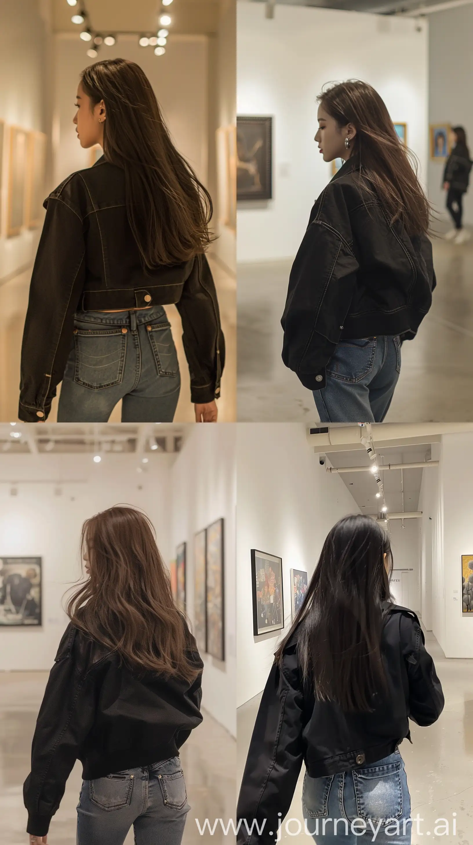 Aesthetic instagram picture, blackpink's, medium hair, jennie wearing black jacket and jeans pants walking art gallery, back body, throw face away --ar 9:16