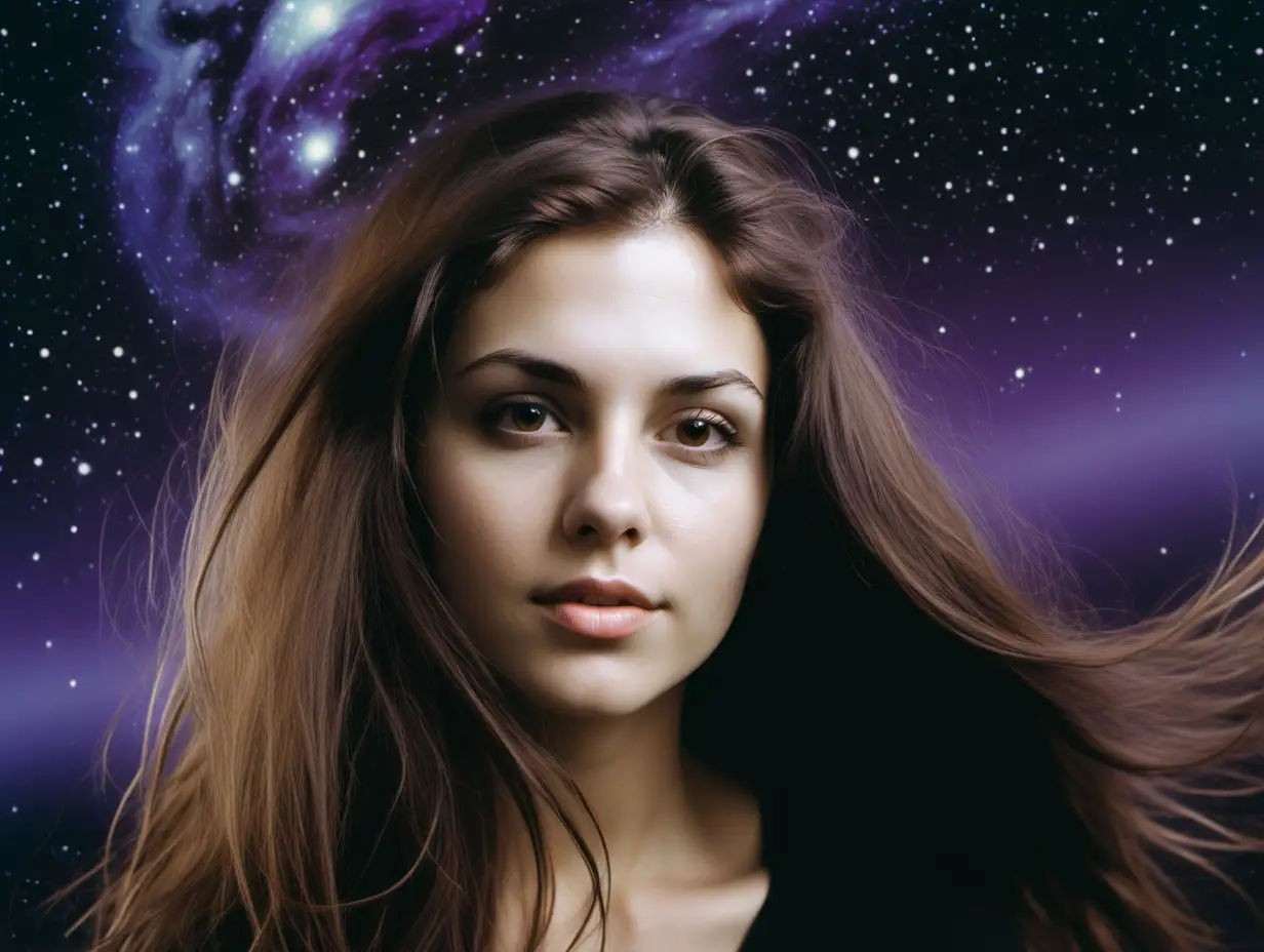 Create a face of a european woman-next-door, long haired in her 35´s, with a space background. Colour scheme should be purple. Make her show more of her left cheek, leaning her head a bit to the right, chin down. Clothing should be modern, everyday looking. Put her to the very right in the picture and integrate the contours of her hair into the background. Cinematic contrast. Kodak Gold 400.