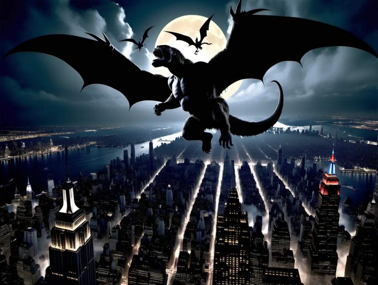 King Kong fighting pterodactyl on Empire State building at night