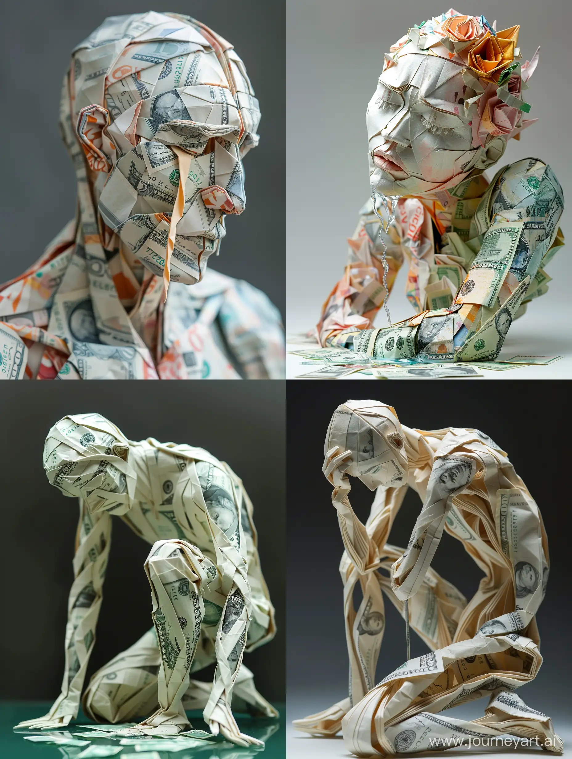 A human figure made entirely out of origami paper money, weeping so much that his tears form a river —stylize 250