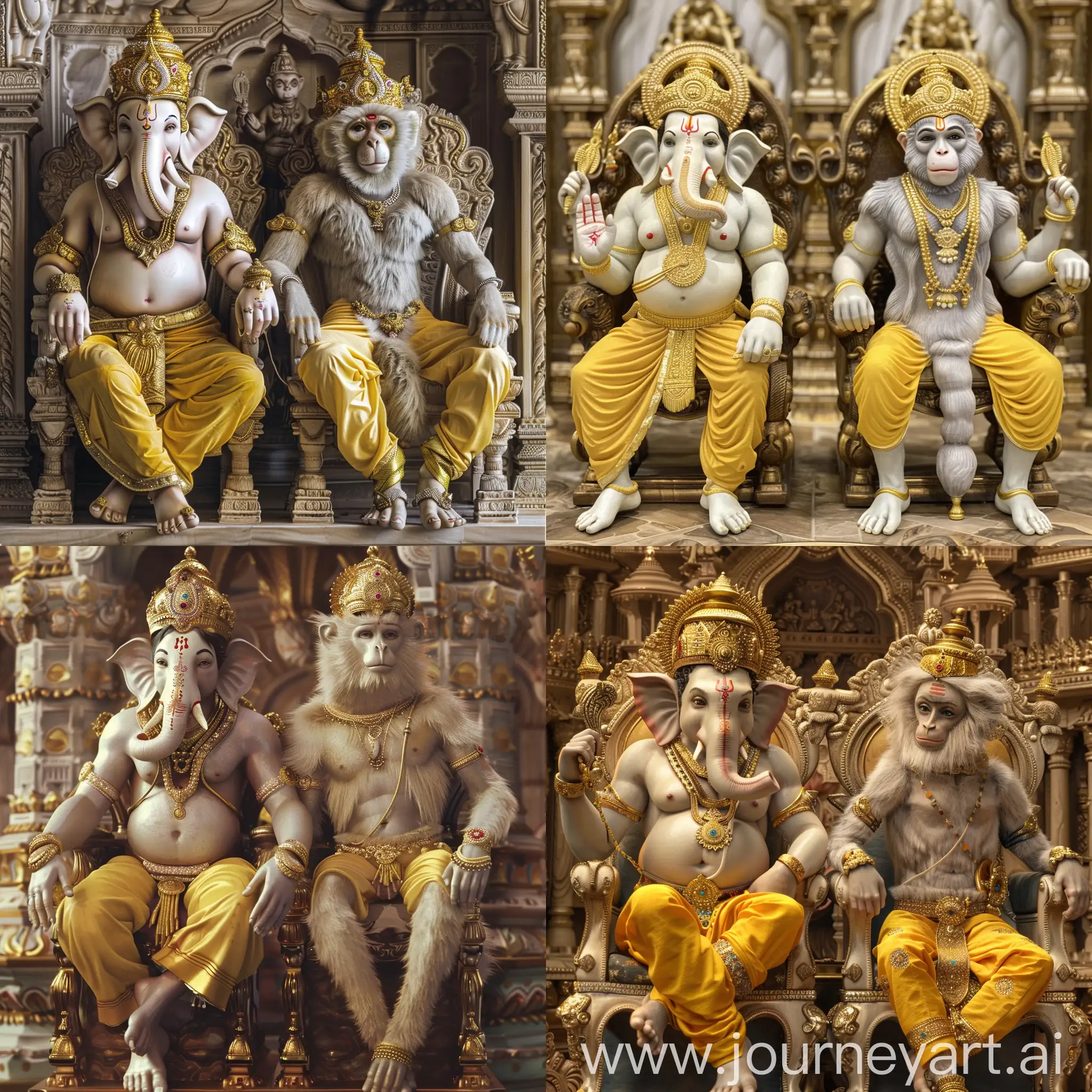 Two Hindu gods are sitting on their imperial thrones next to each other:

At left, there is the Hindu elephant god Ganesha in pale skin, it has a golden crown and yellow pants.

At right, there is the Hindu furry monkey god Hanuman in pale skin, it has a golden crown and yellow pants.

They are both inside a splendid Hindu temple.