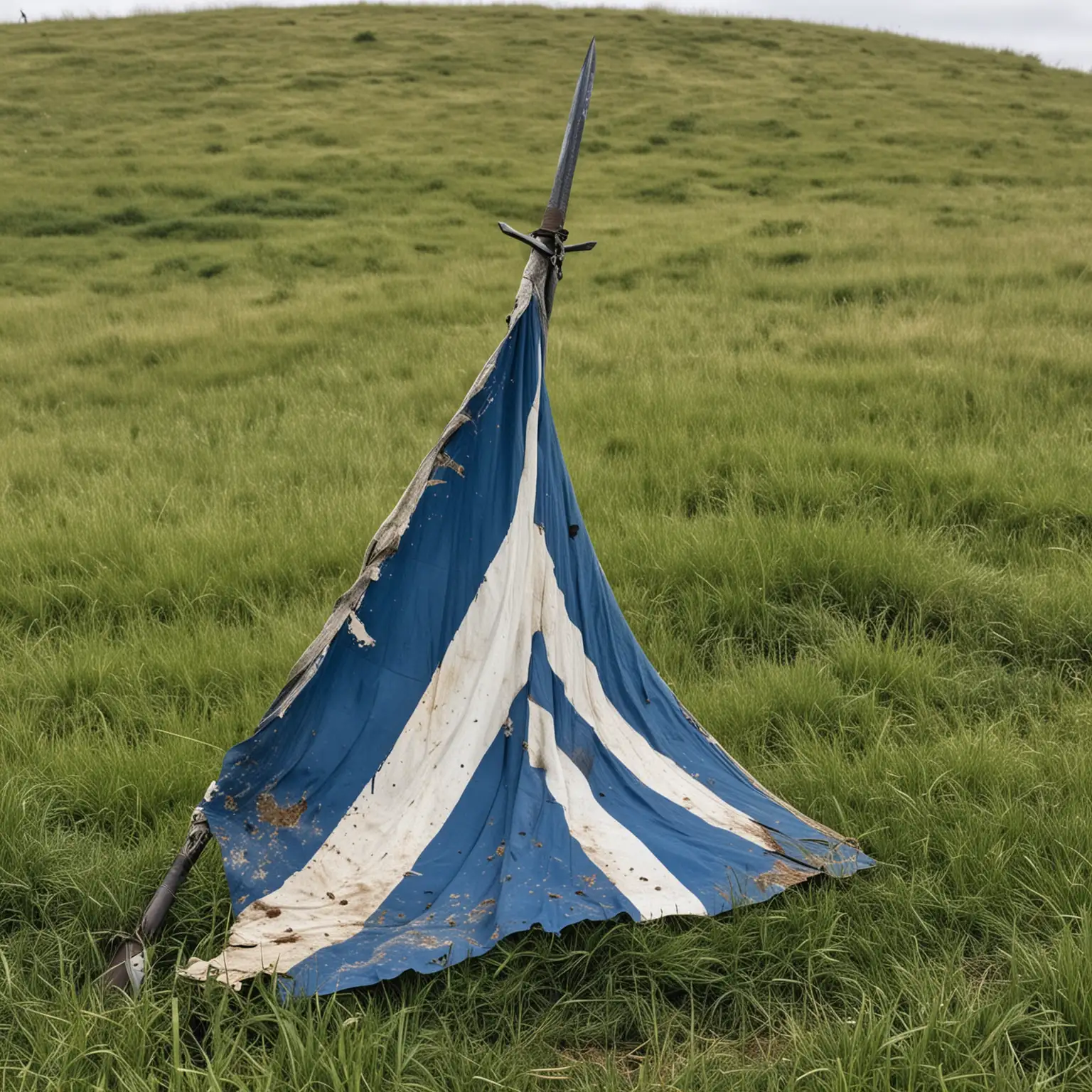 broad sword standing upright in grass with a blue and white damaged flag wrapped around it on a hill





