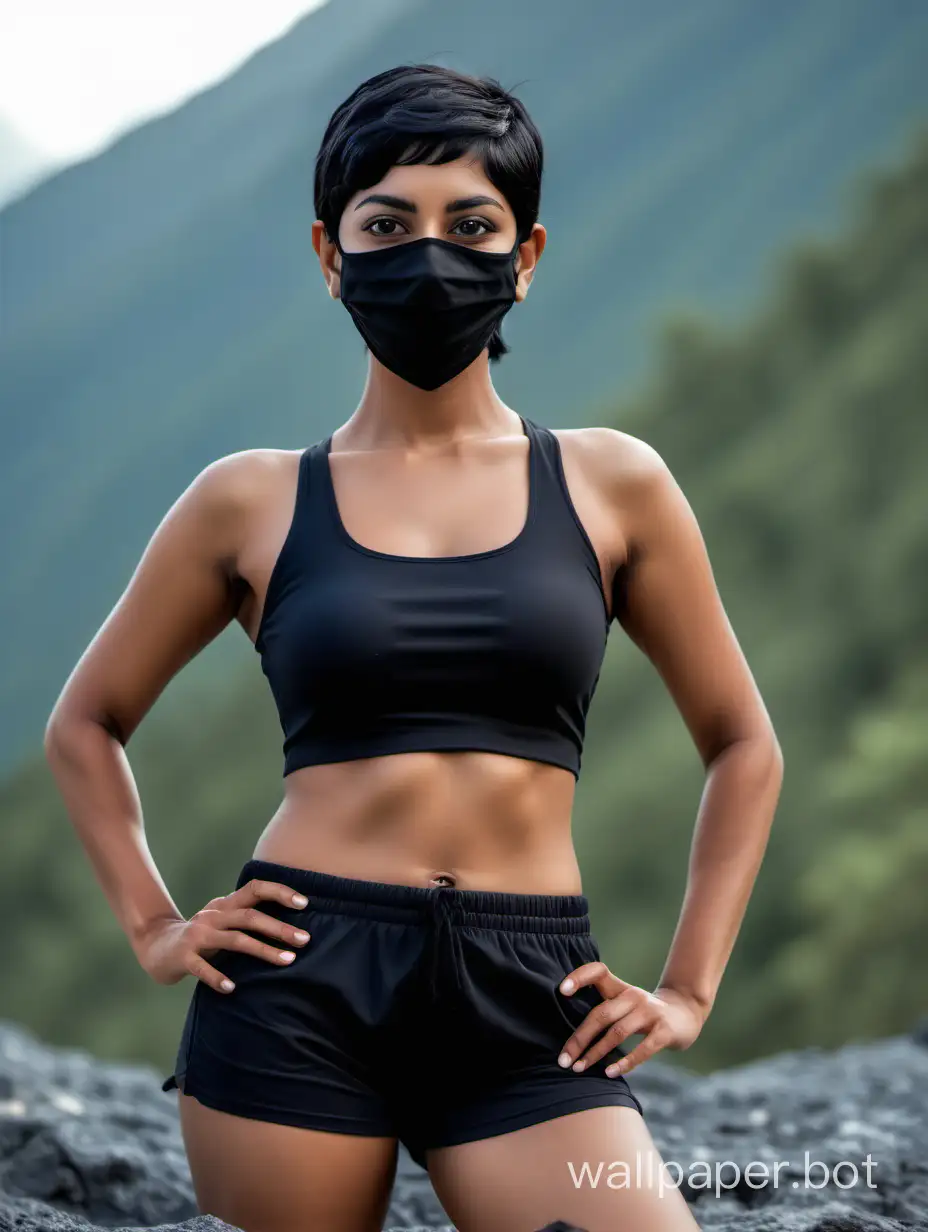 Indian female, short black hair, black head mask and black bermuda, fit body, dimples, behind mountain