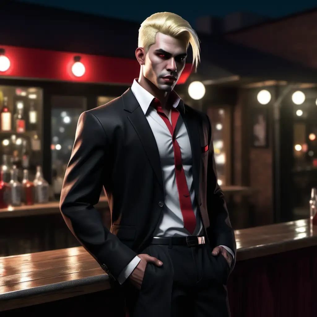 A male Brujah, wearing a red collar shirt, black suit pants, gangster, blonde hair, normal face, standing outside at a bar at night, realistic
