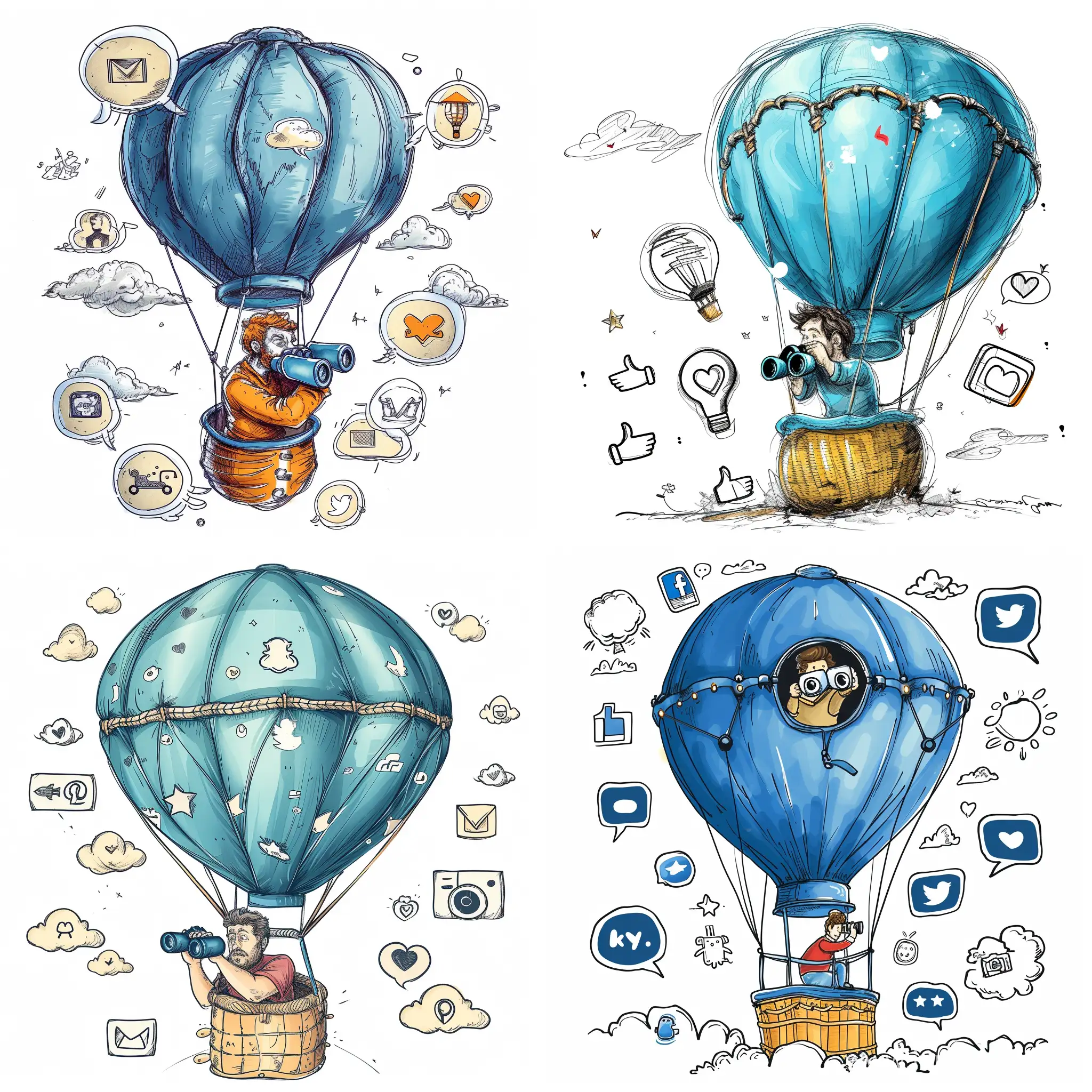 Modern-Man-Searches-from-Blue-Hot-Air-Balloon-Amid-Social-Media-Icons