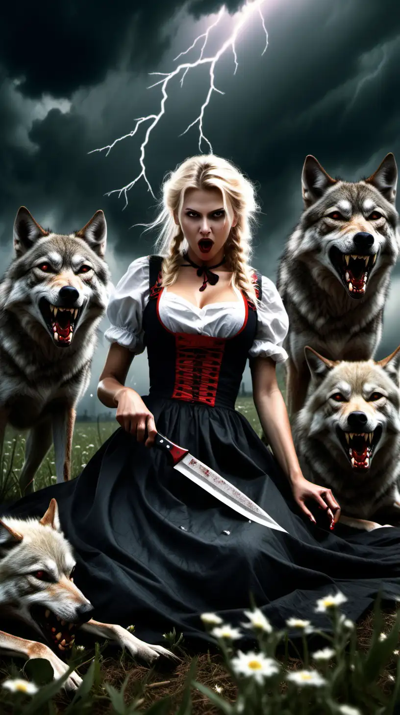 Blonde Bavarian Woman in Gothic Setting with Wolves and Bloody Knife