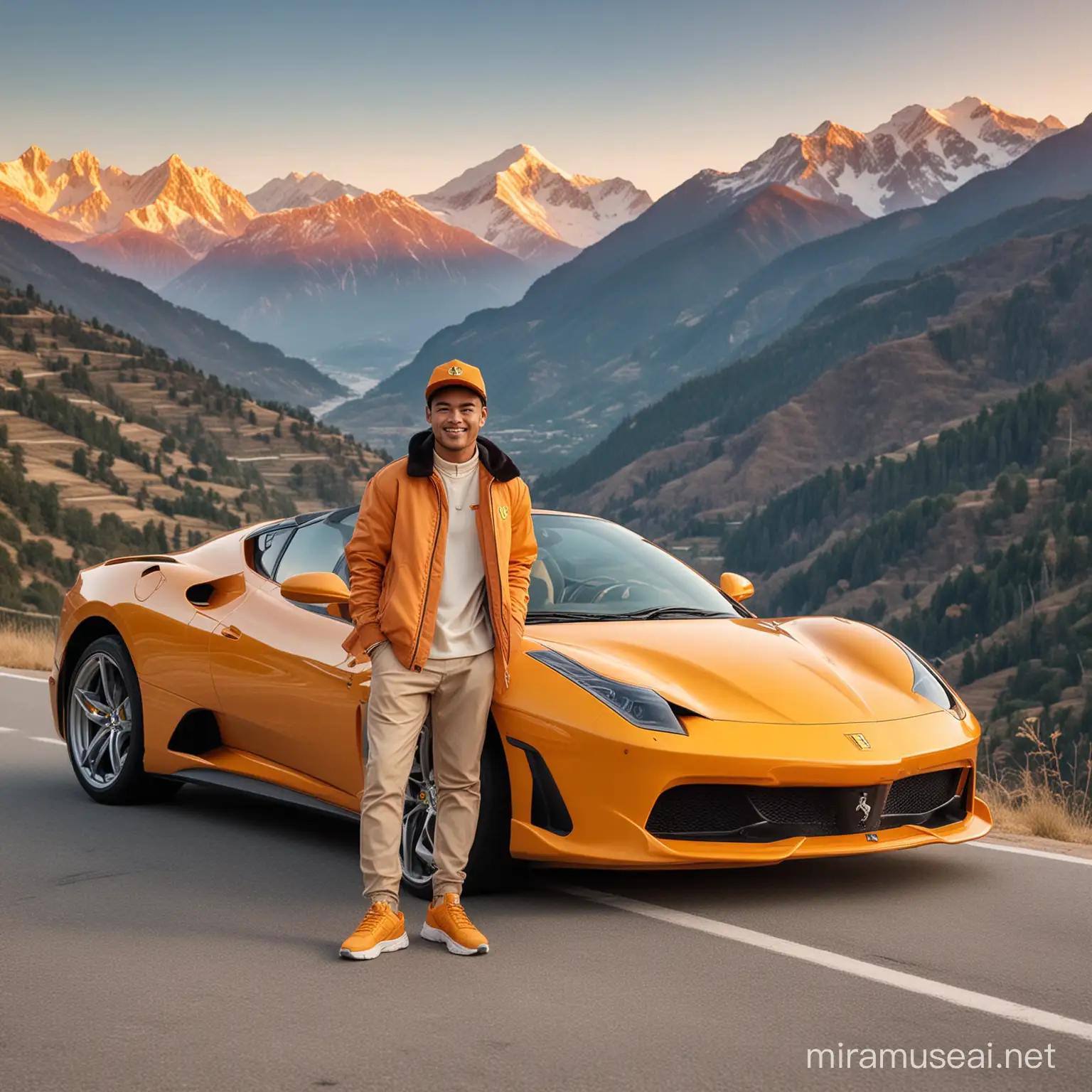 Stylish Indonesian Man Posing with Futuristic Ferrari Sports Car in Mountainous Landscape