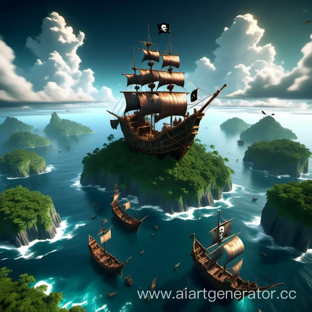 A pirate ship is sailing across the ocean, and above the ocean, islands float in the air. On each island, there is a different scene: (the first one with civilization, houses, and a university). (the second one with impenetrable jungles). (the third one with medieval vibes, a tavern, and small houses). Beautiful iridescent dragons fly in the sky above the islands. Atmospheric, dynamic, emotional. Beauty.
