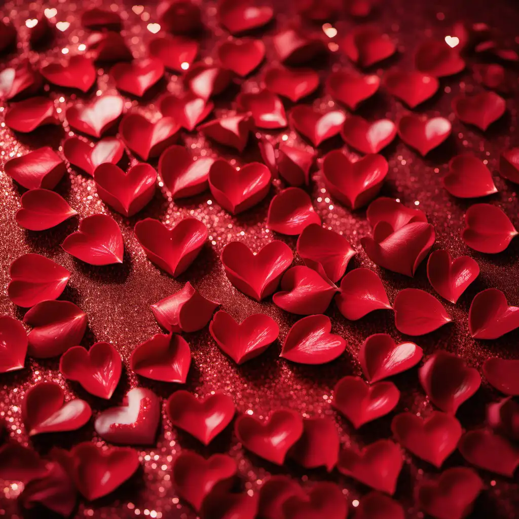 red hearts, red rose petals, red glitter