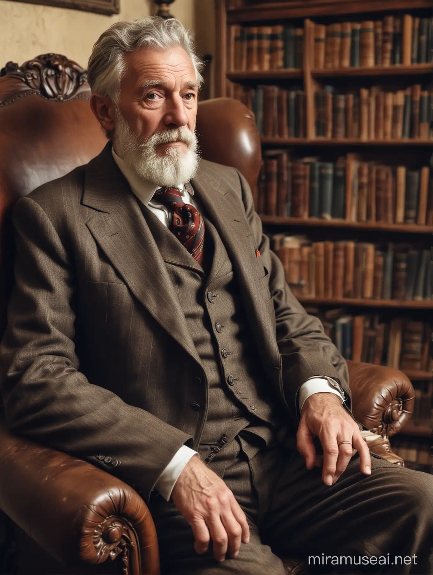 Anciano de barba desprolija, algo desaliñado, vestido con traje a la moda de 1930, sentado en un antiguo sillón de cuero, en una habitación con biblioteca, en una casona antigua.