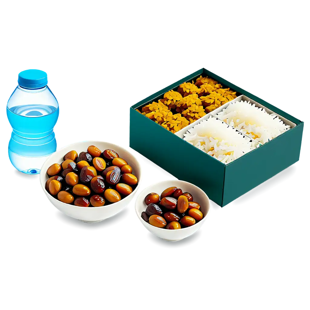 Meal box with baryani dates sweets and water