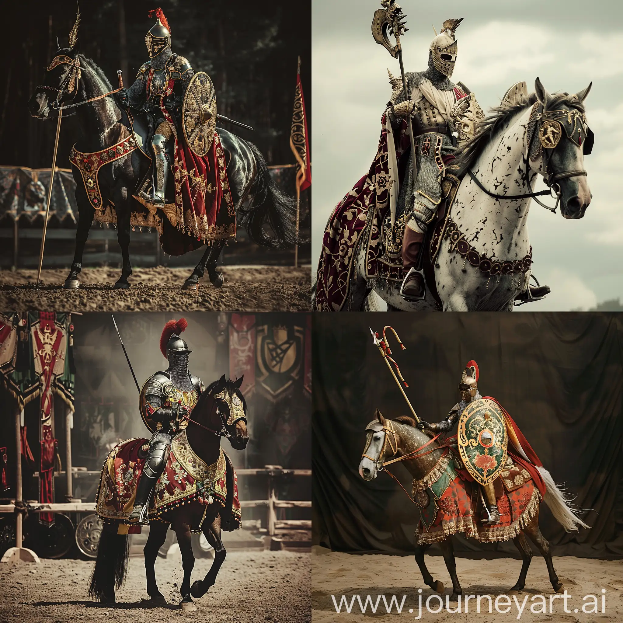 Всадник коня облаченный в классическую рыцарскую одежду с щитом и турнирным копьем, стиль фентези