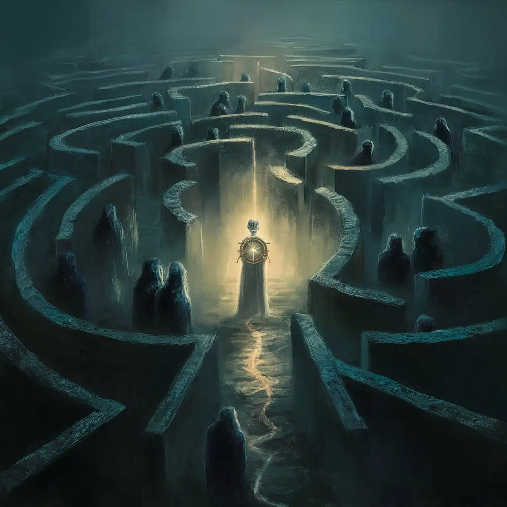 Digital painting of a labyrinth filled with twists and turns, shrouded in mist and darkness. Within the maze, lost souls wander aimlessly, seeking a way out but unable to find it on their own. A figure with a glowing compass stands at the center, offering guidance and leading them towards the path of enlightenment and freedom.